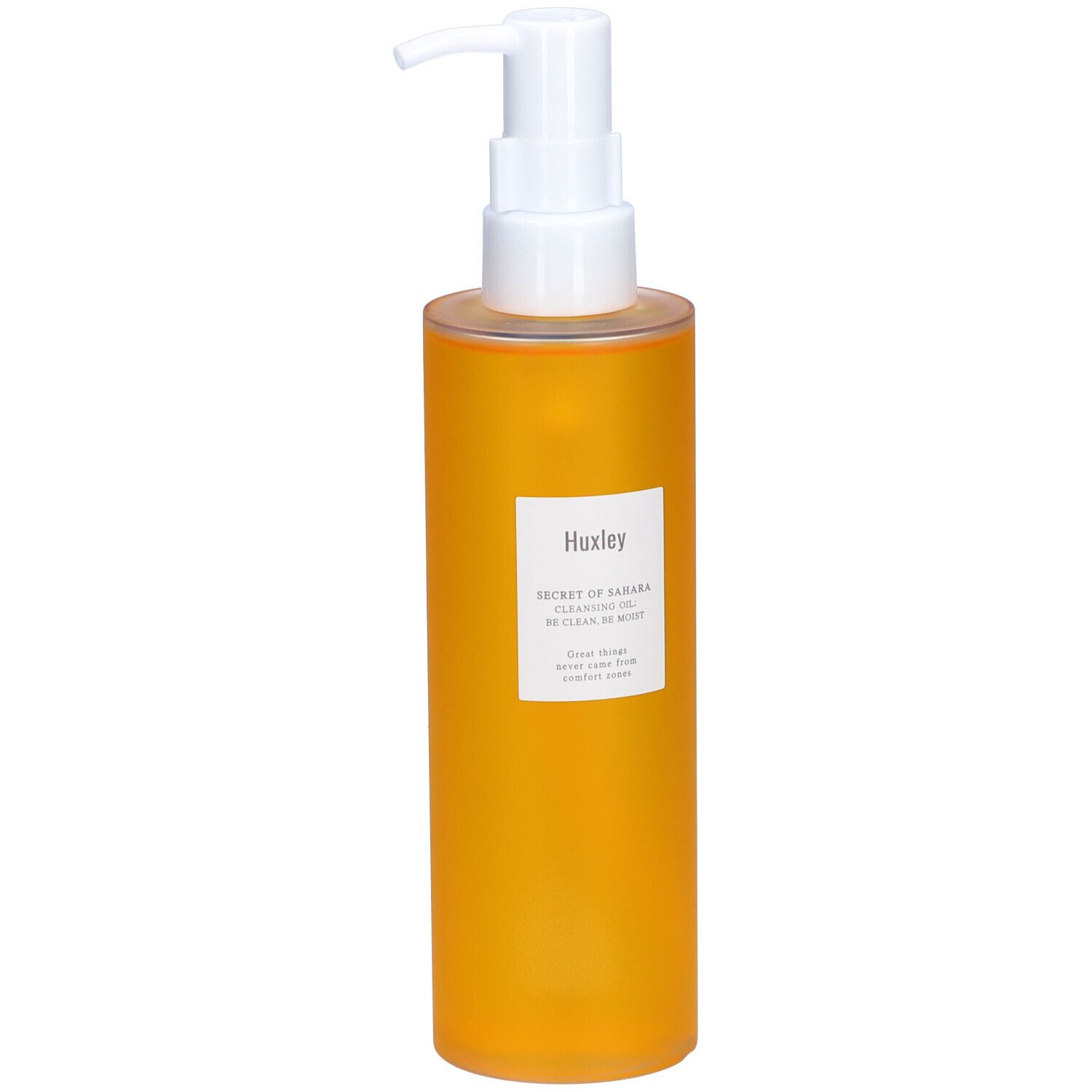 Flacon jaune avec pompe blanche. Étiquette avec nom du produit et marque Huxley.