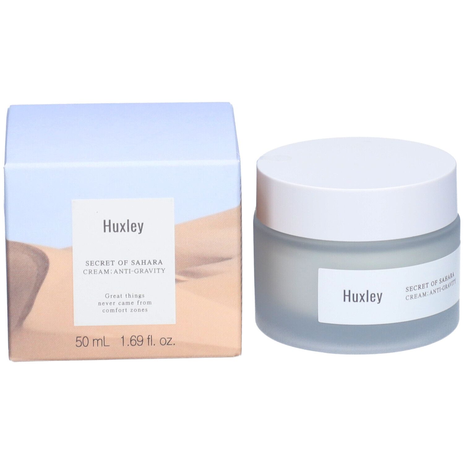 Pot de crème et emballage. Emballage avec 'Huxley' et 'Secret of Sahara Cream: Anti-Gravity'.