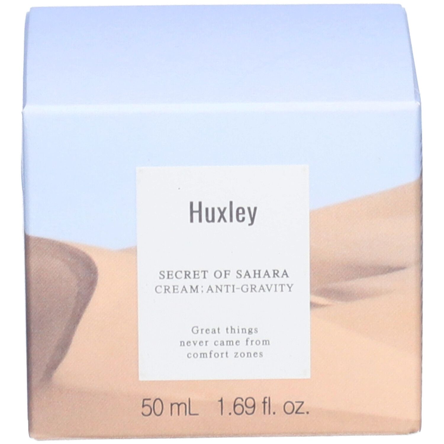 Emballage avec 'Huxley' et 'Secret of Sahara Cream: Anti-Gravity'.