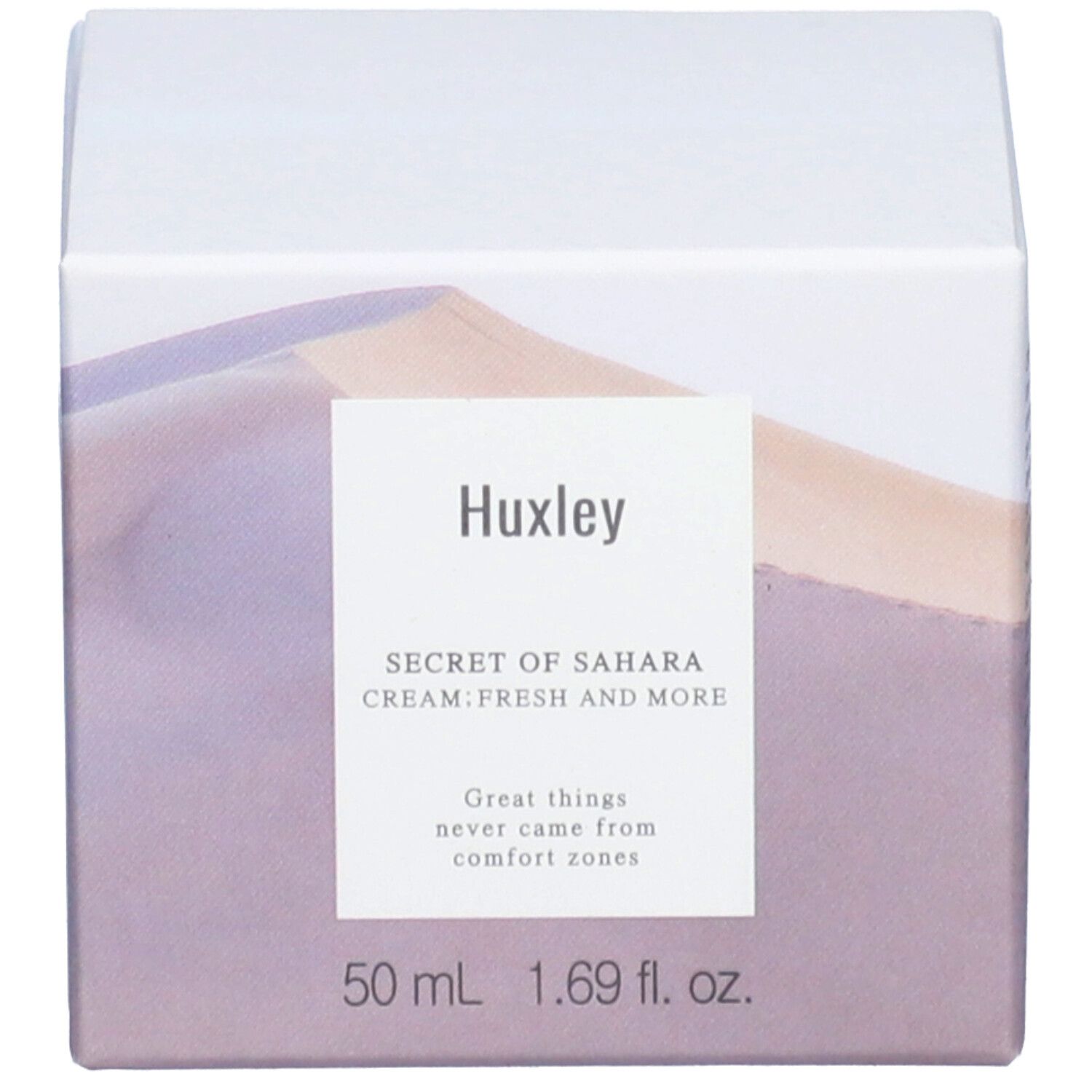 Emballage avec Huxley, Secret of Sahara Cream Fresh And More. 50 ml. Citation sur l'emballage.