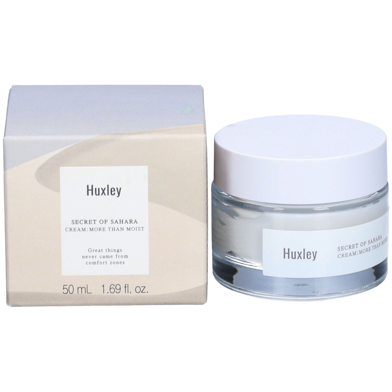 Pot de crème et emballage. "Huxley" est sur le pot. "SECRET OF SAHARA CREAM; MORE THAN MOIST" sur l'emballage.