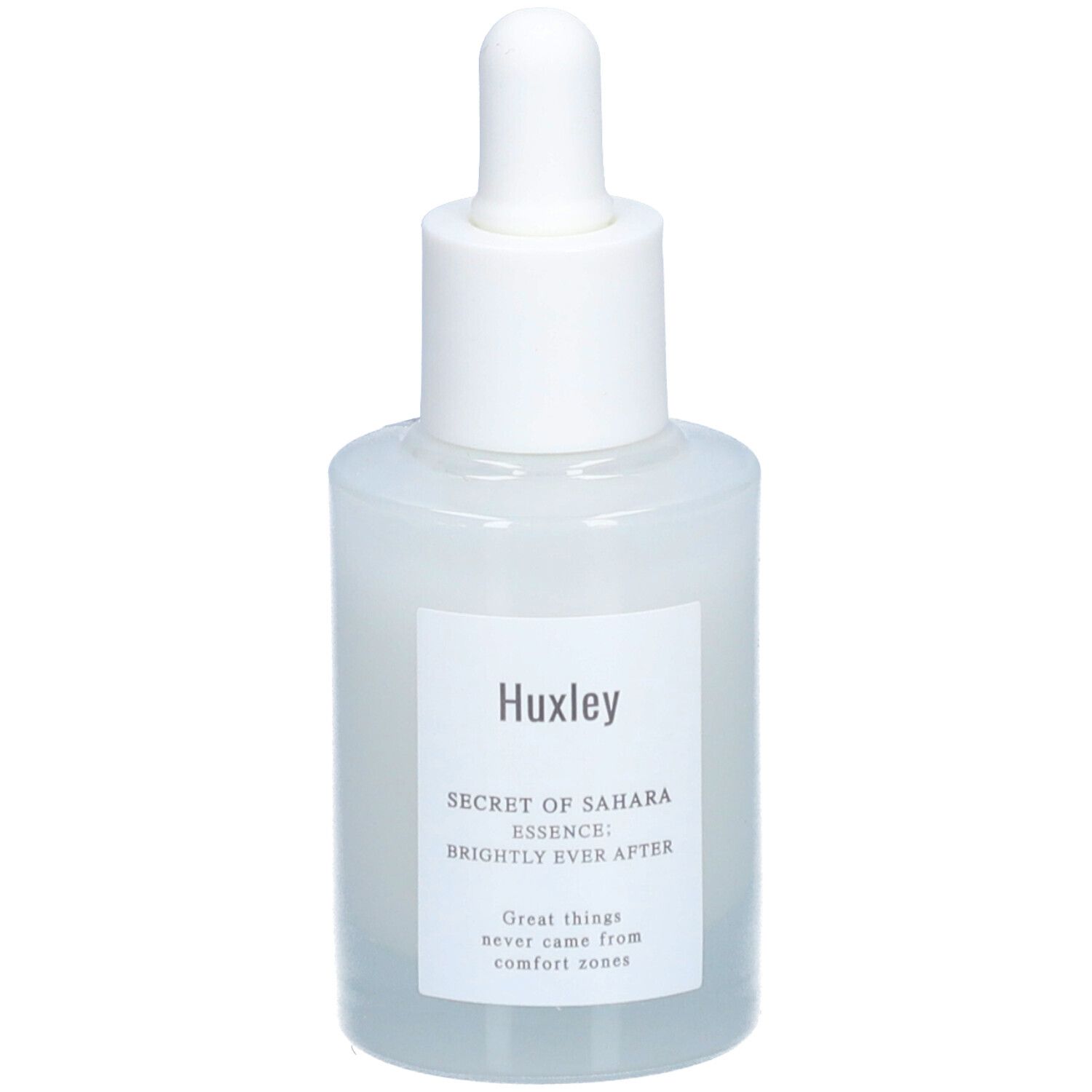 Flacon blanc avec pipette. Étiquette "Huxley" et nom du produit. Contenu clair.