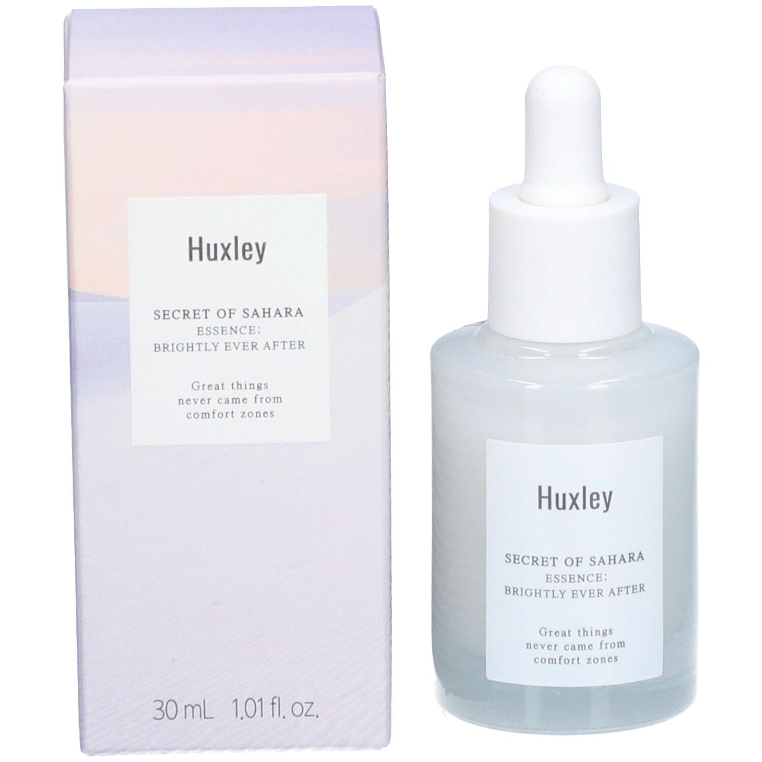 Flacon blanc avec pipette et emballage. Étiquette "Huxley" et nom du produit. 30 ml.