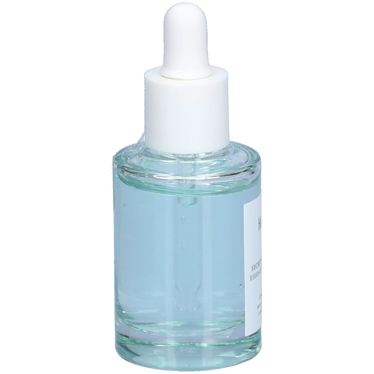 Flacon en verre avec liquide bleu et bouchon blanc. Étiquette "Huxley" et nom du produit. Pipette.