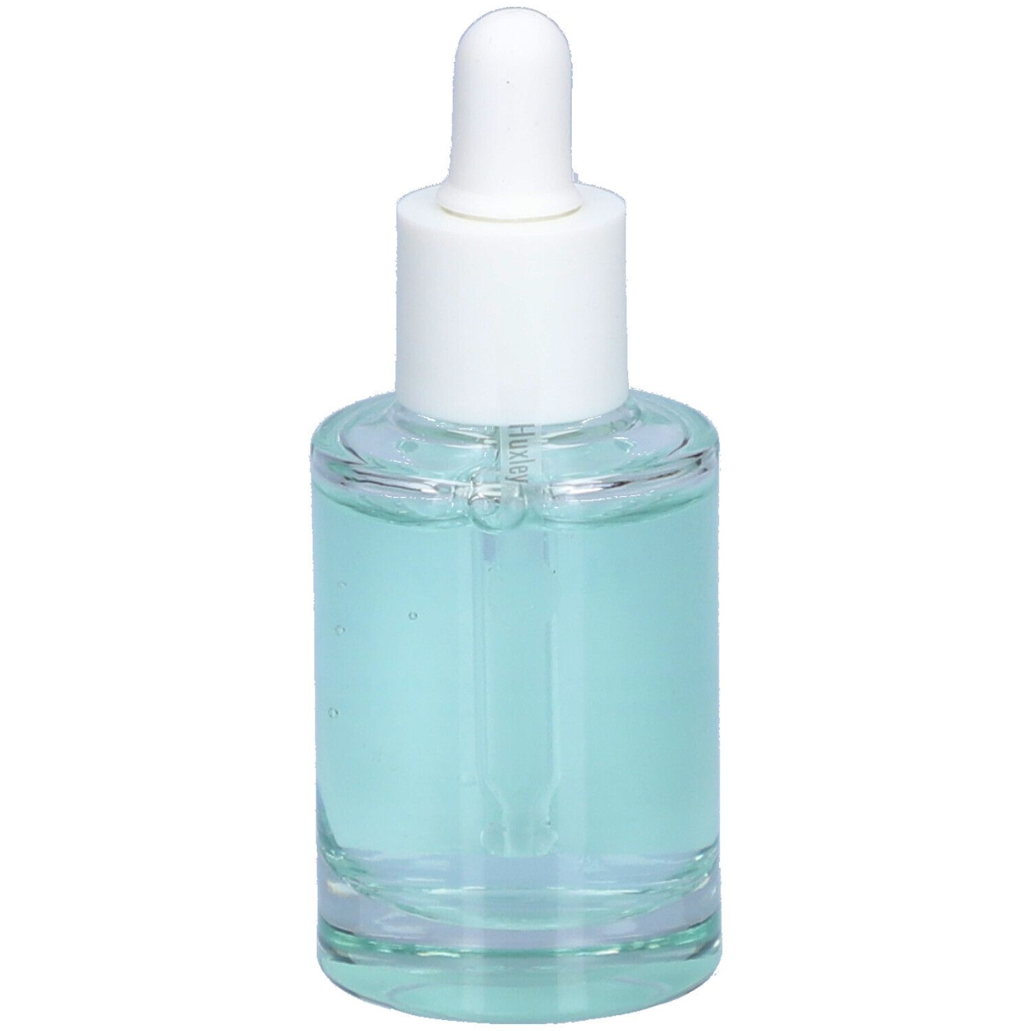 Flacon en verre avec liquide bleu et bouchon blanc. Étiquette "Huxley" et nom du produit. Pipette.