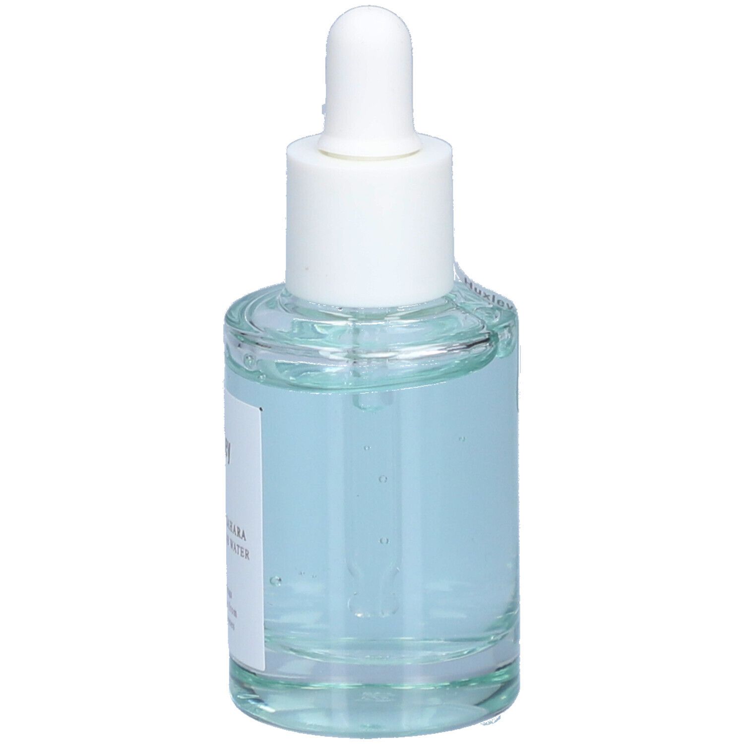 Flacon en verre avec liquide bleu et bouchon blanc. Étiquette "Huxley" et nom du produit. Pipette.