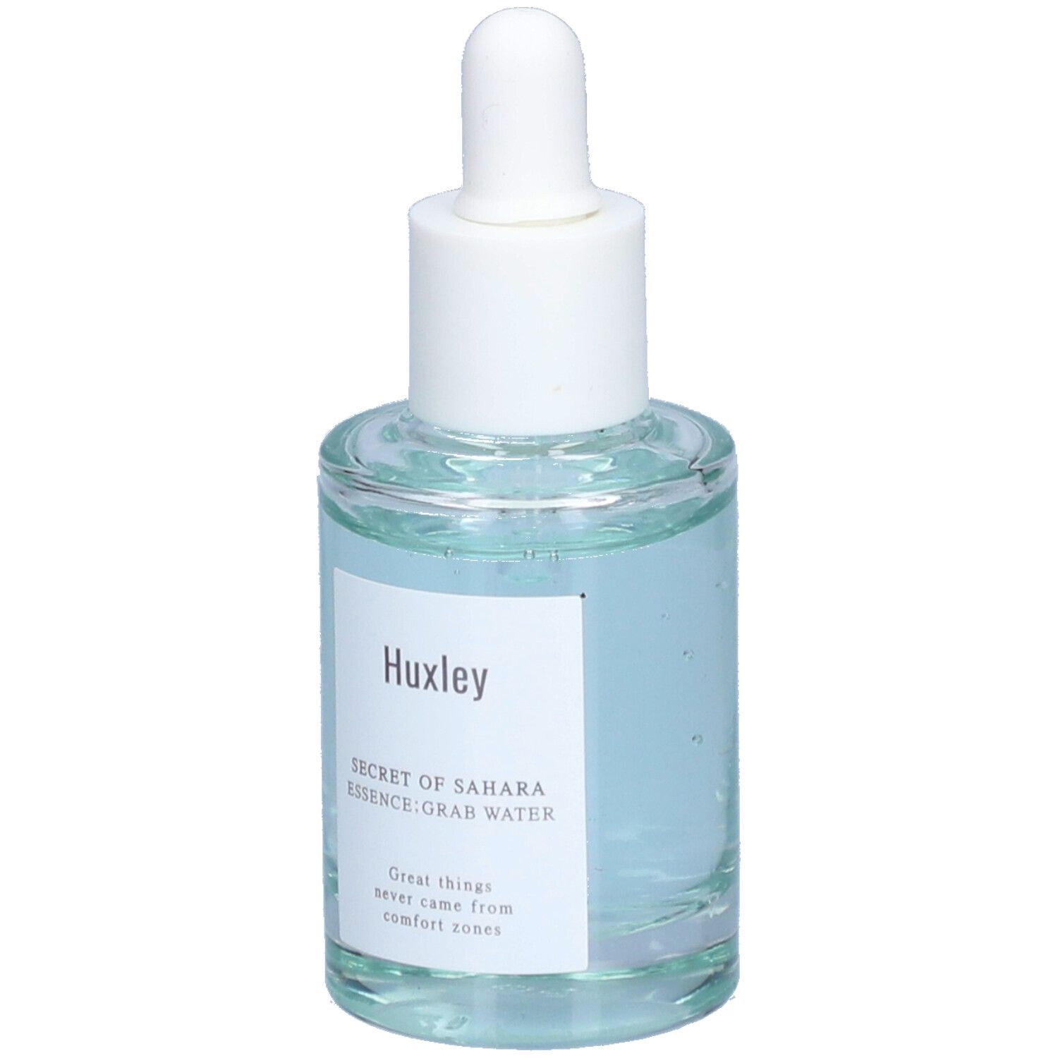 Flacon en verre avec liquide bleu et bouchon blanc. Étiquette "Huxley" et nom du produit. Pipette.