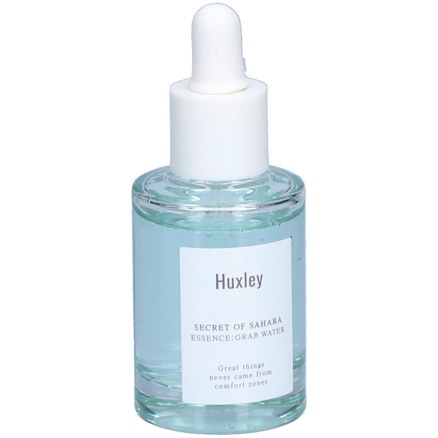 Flacon en verre avec liquide bleu et bouchon blanc. Étiquette "Huxley" et nom du produit. Pipette.