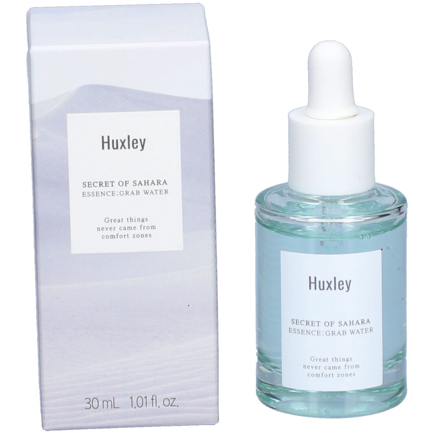 Flacon en verre et emballage. Flacon avec liquide bleu et bouchon blanc. Étiquette "Huxley". Emballage avec texte.