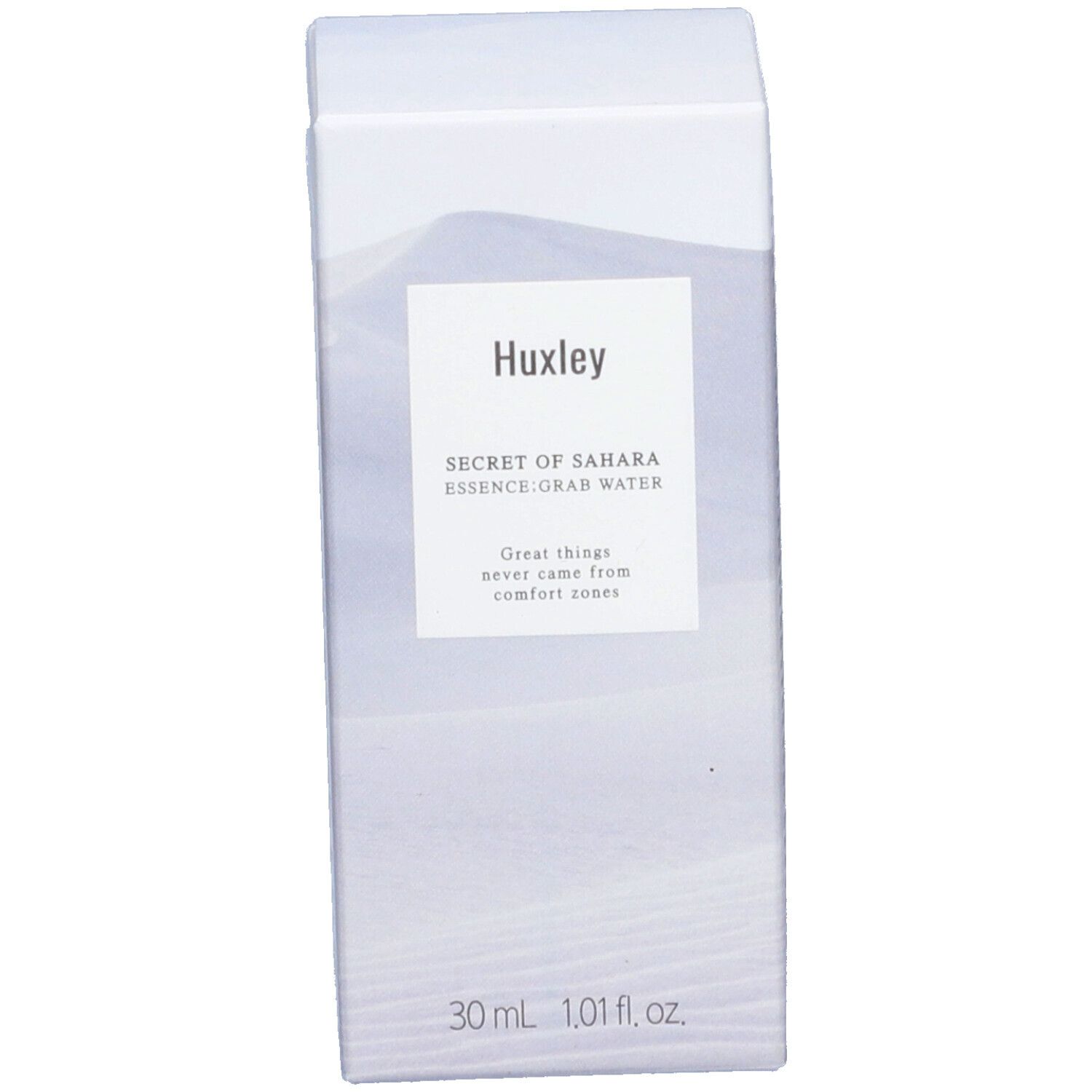 Emballage avec texte et logo "Huxley". Forme rectangulaire, blanc avec éléments gris. Nom du produit.