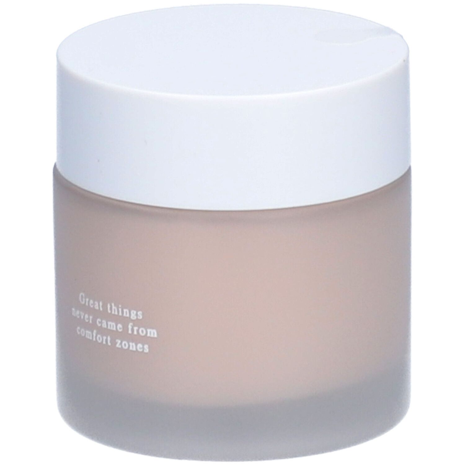 Pot avec couvercle blanc. Le pot porte l'inscription "Great things never came from comfort zones".