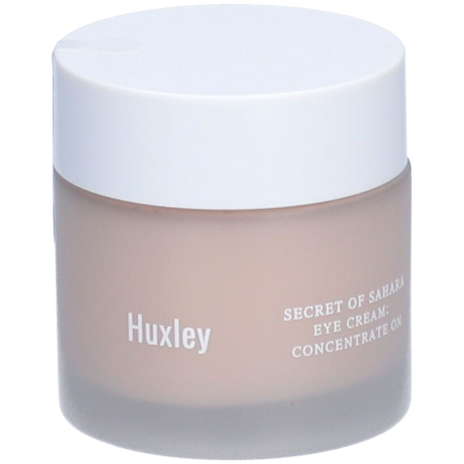 Pot avec couvercle blanc. Le pot porte les inscriptions "Huxley" et "SECRET OF SAHARA EYE CREAM: CONCENTRATE ON".