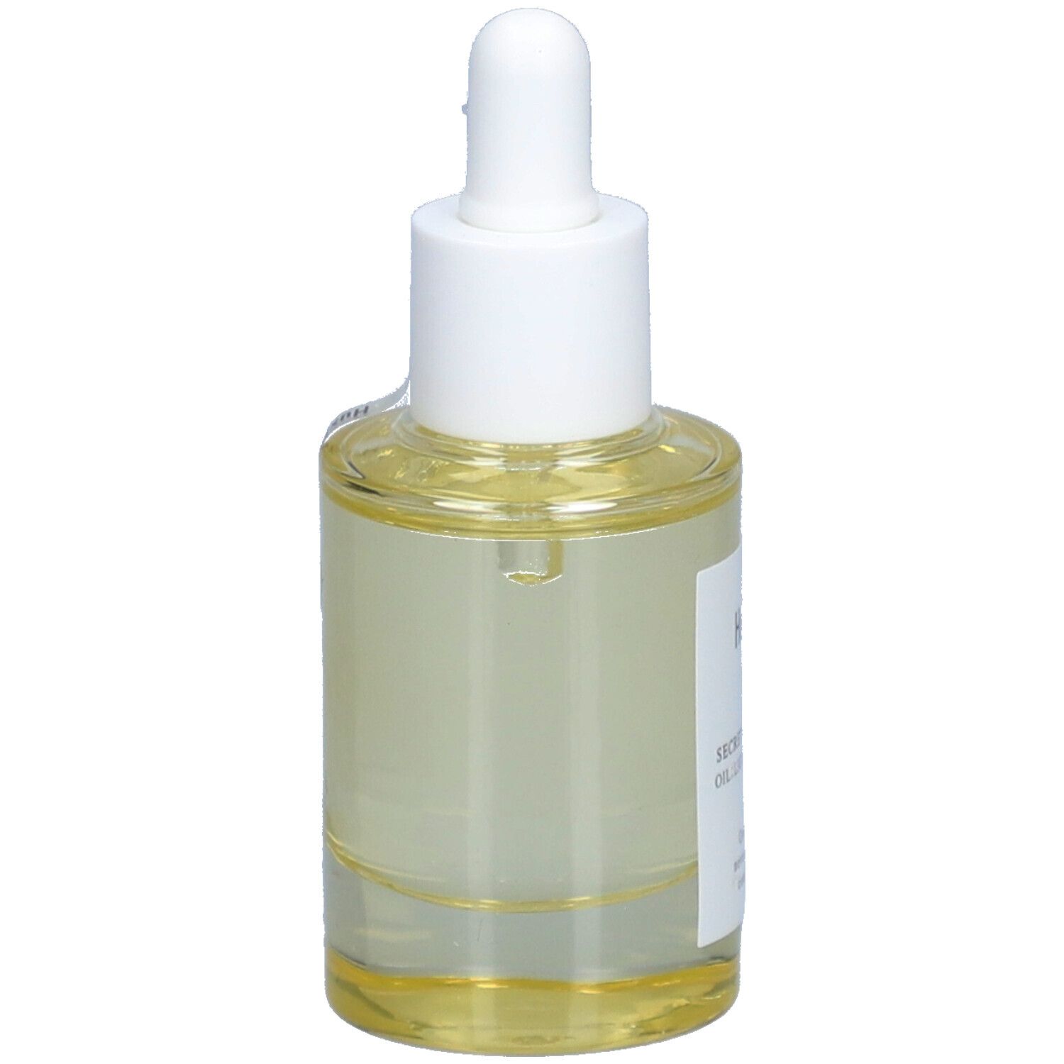 Flacon en verre avec liquide clair, bouchon blanc et pipette. Étiquette avec nom du produit et slogan.