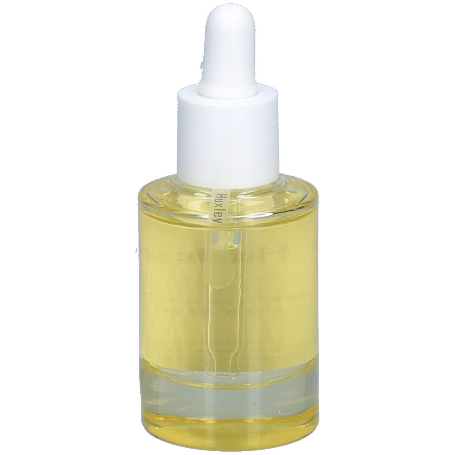 Flacon en verre avec liquide clair, bouchon blanc et pipette. Étiquette avec nom du produit et slogan.