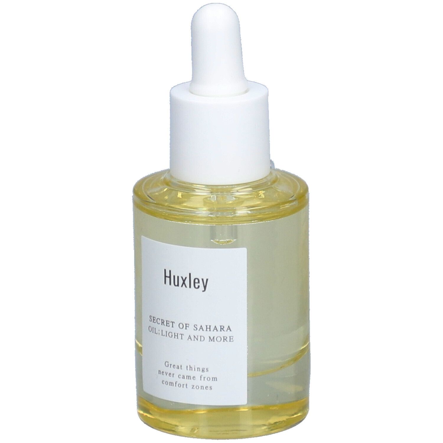 Flacon en verre avec liquide clair, bouchon blanc et pipette. Étiquette avec nom du produit et slogan.