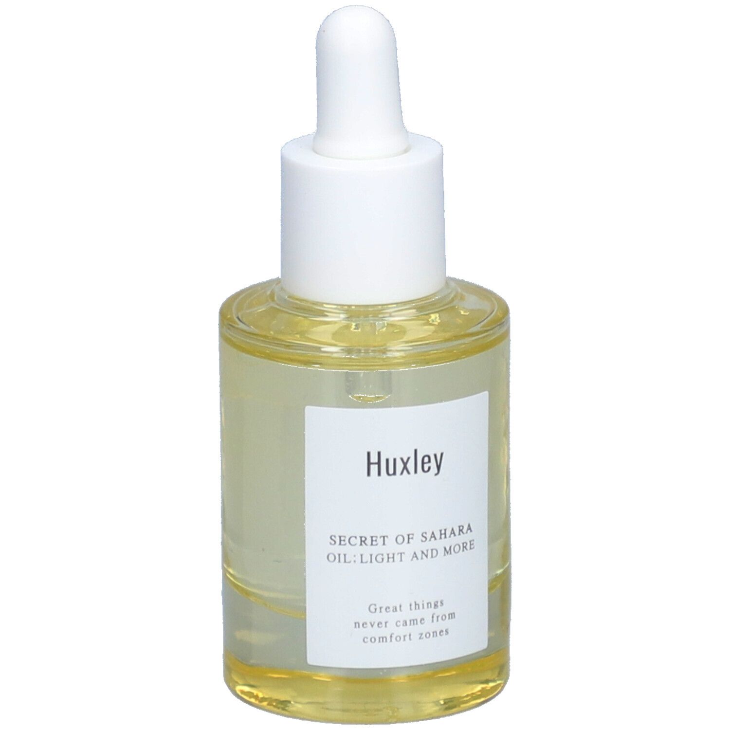 Flacon en verre avec liquide clair, bouchon blanc et pipette. Étiquette avec nom du produit et slogan.