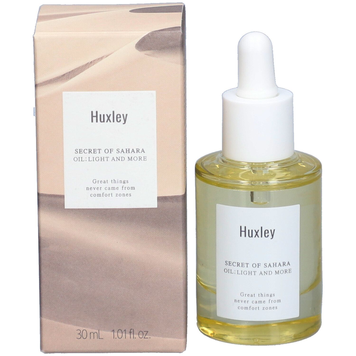 Flacon et emballage du produit. Flacon avec liquide clair, bouchon blanc et pipette. Emballage avec motif désertique.