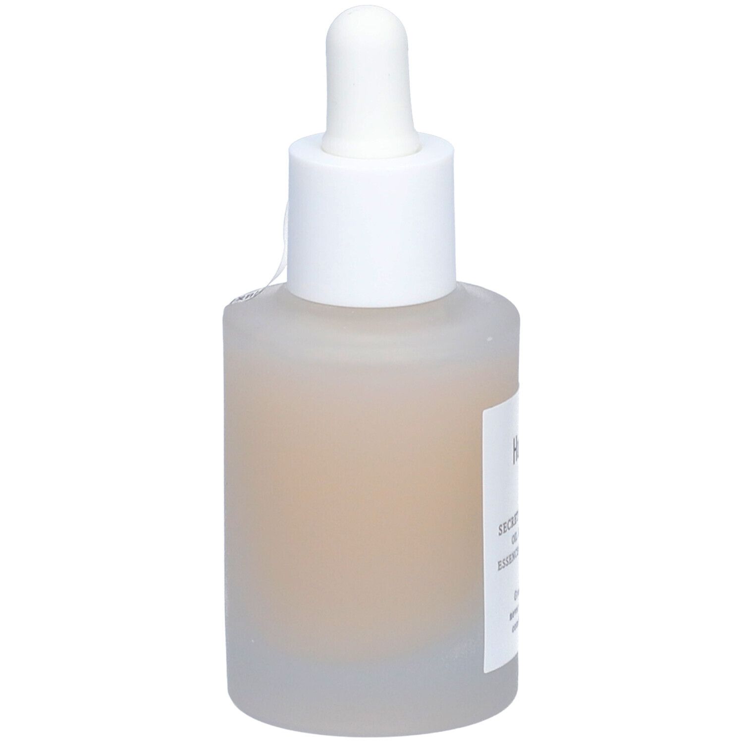 Flacon avec bouchon blanc et pipette. Nom du produit: Huxley. Vue de côté.