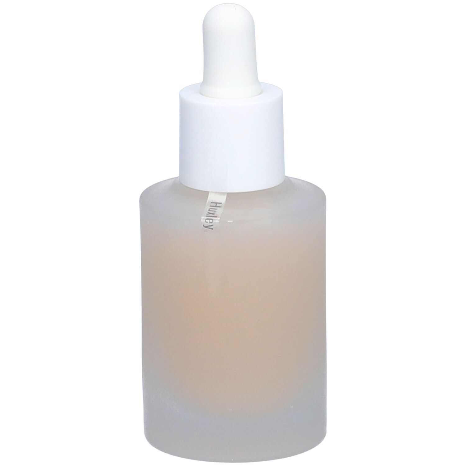 Flacon avec bouchon blanc et pipette. Nom du produit: Huxley. Vue de côté.