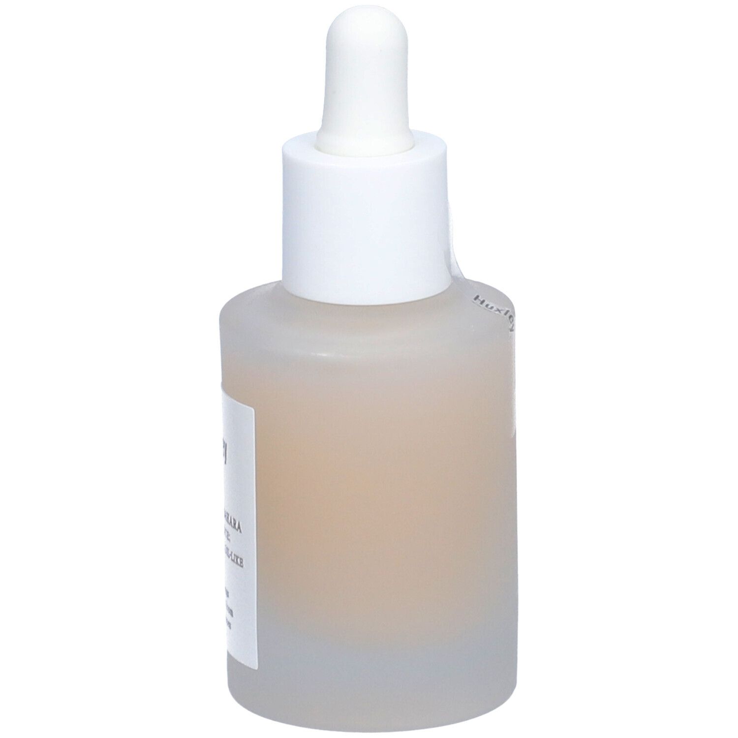 Flacon avec bouchon blanc et pipette. Nom du produit: Huxley. Vue de côté.