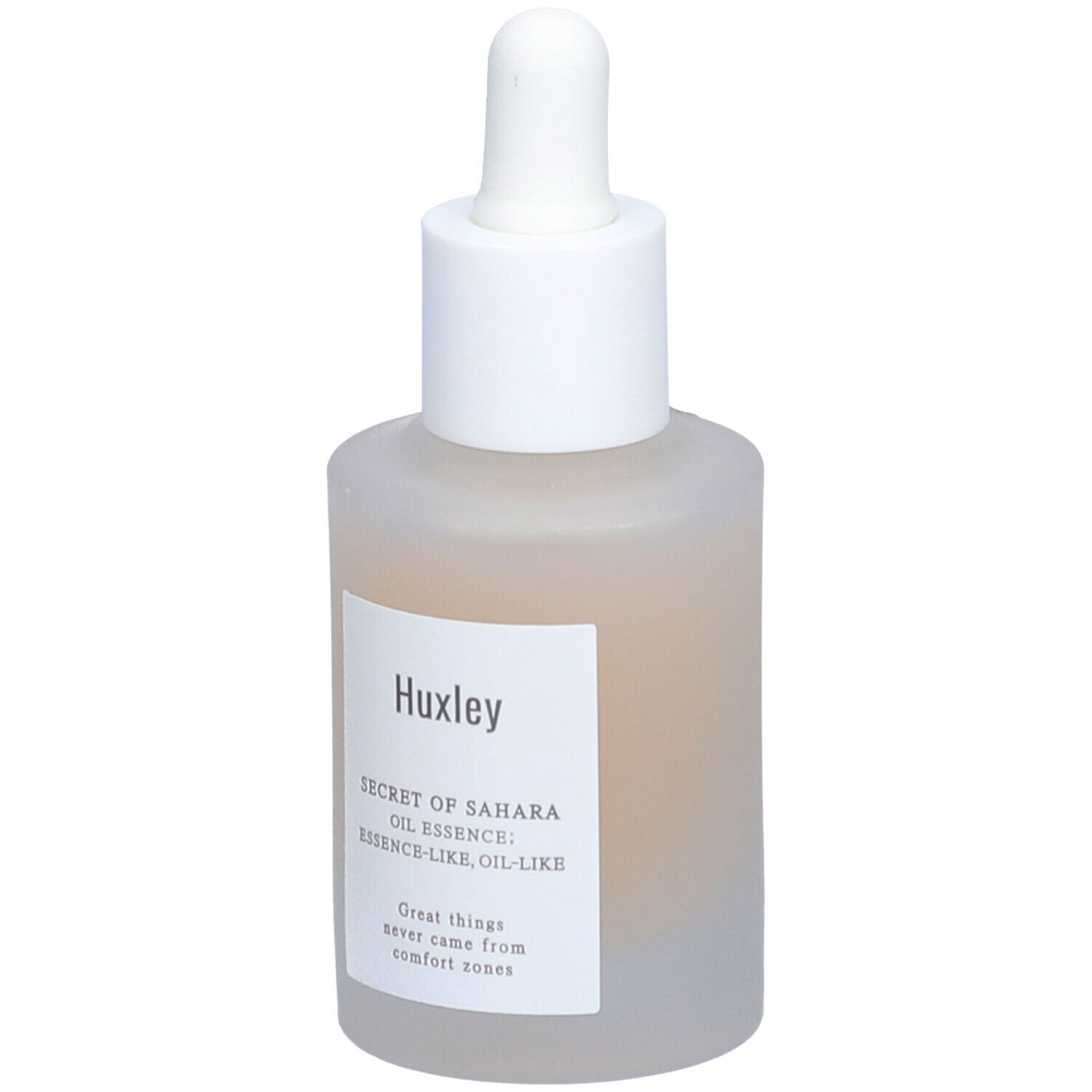 Flacon avec bouchon blanc et pipette. Étiquette avec informations produit. Nom: Huxley.