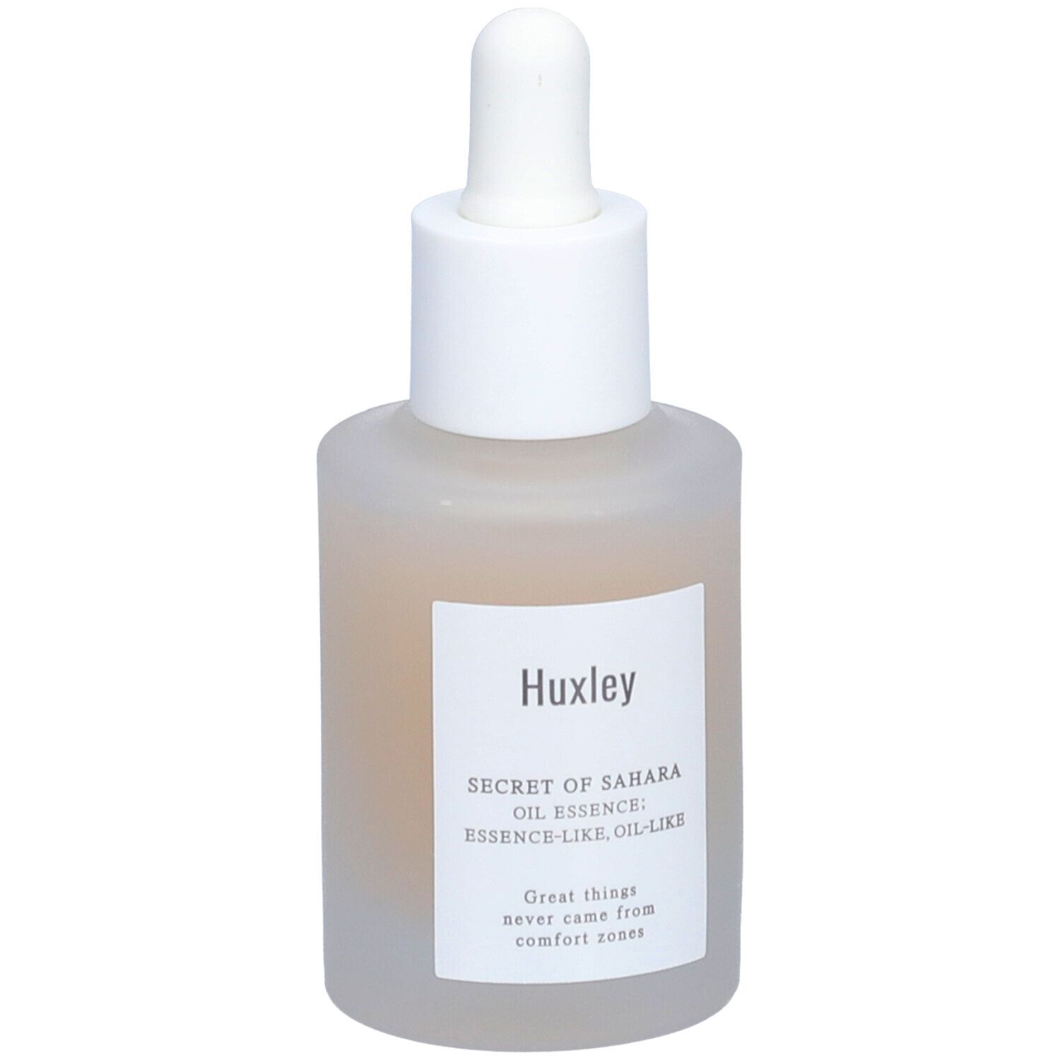 Flacon avec bouchon blanc et pipette. Étiquette avec informations produit. Nom: Huxley.