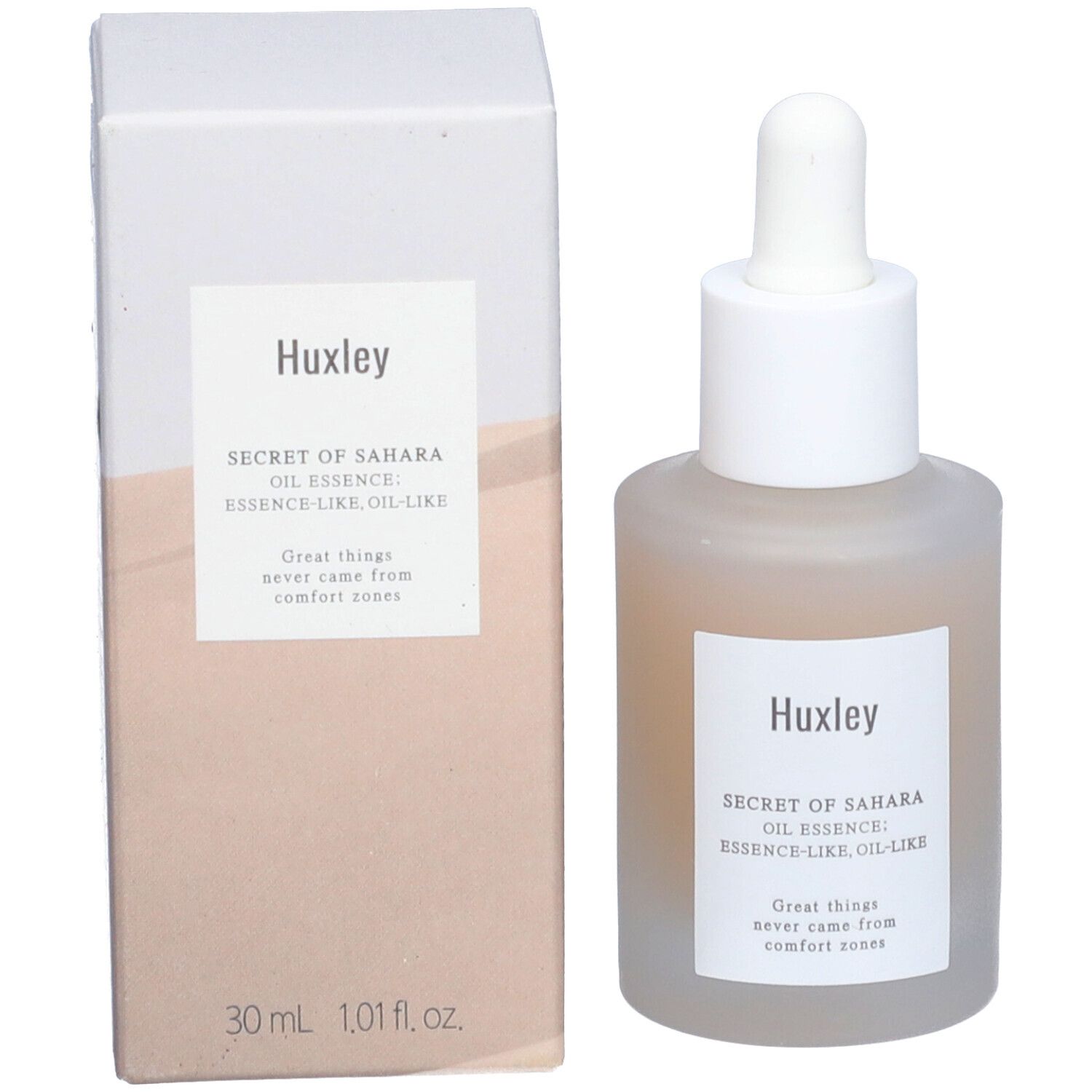 Flacon et emballage du produit. Flacon avec bouchon blanc et pipette. Nom: Huxley. 30 ml.