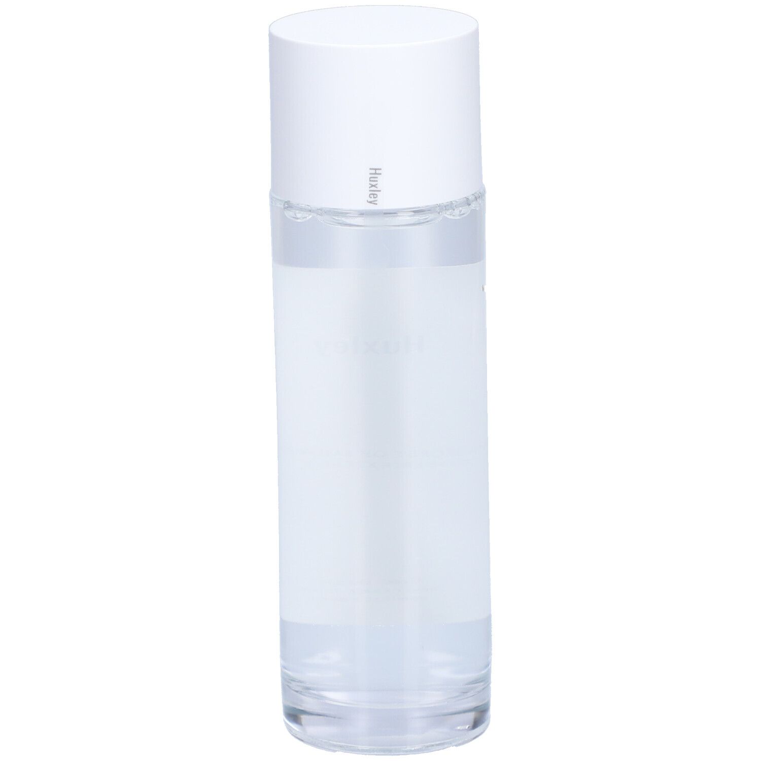 Flacon cylindrique blanc avec bouchon. Étiquette avec informations produit. Liquide clair visible.