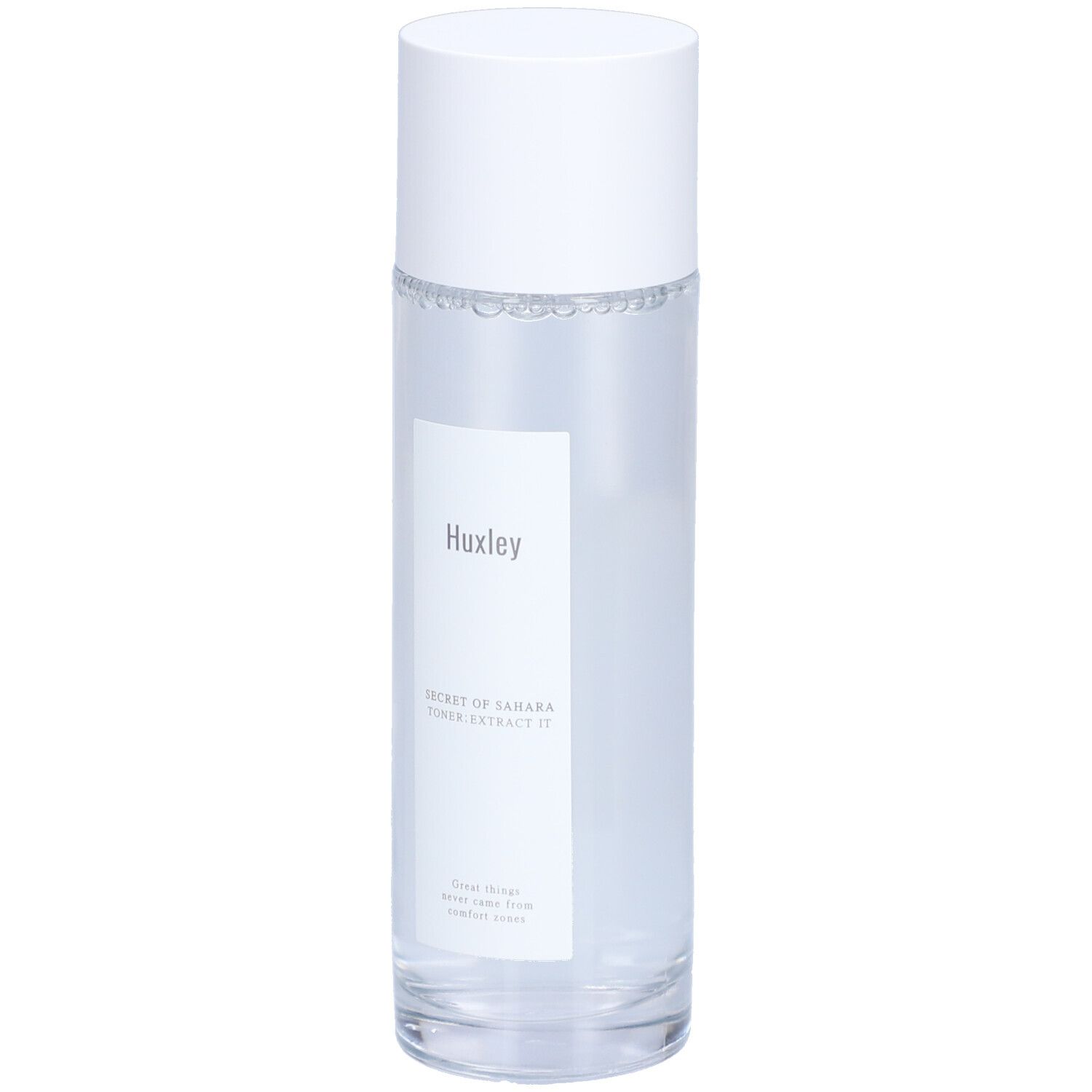 Flacon cylindrique blanc avec bouchon. Étiquette "Huxley" et nom du produit. Liquide clair visible.