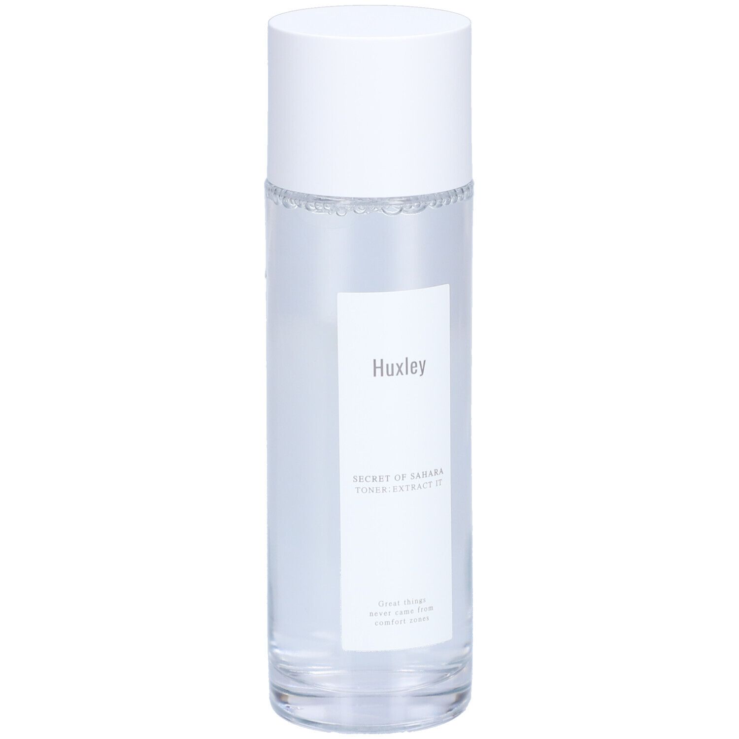Flacon cylindrique blanc avec bouchon. Étiquette "Huxley" et nom du produit. Liquide clair visible.