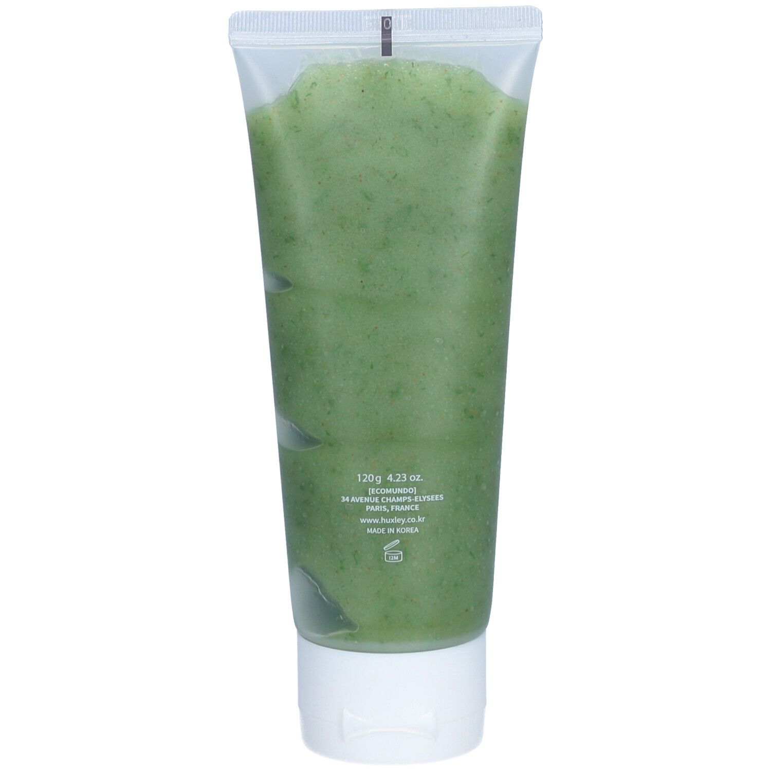 Dos du tube avec masse verte. Texte avec informations produit et origine. Bouchon blanc.