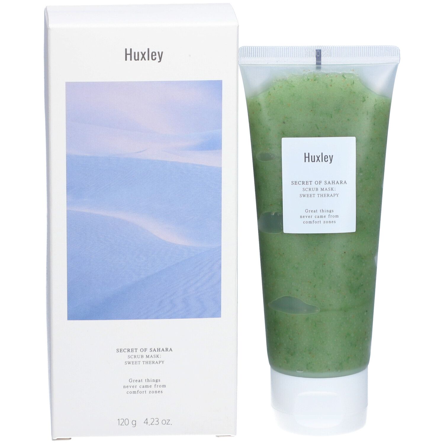 Emballage et tube côte à côte. Emballage blanc avec nom du produit et paysage désertique. Tube avec contenu vert.