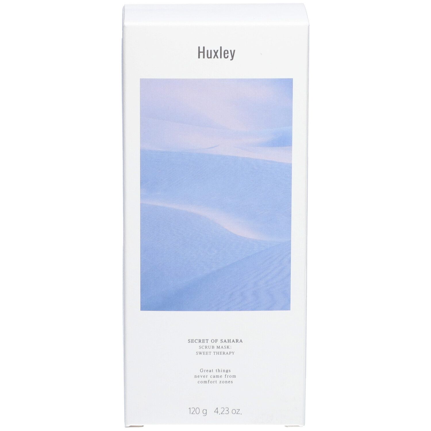 Emballage produit blanc avec paysage désertique et nom du produit. Texte en bas. Forme rectangulaire.