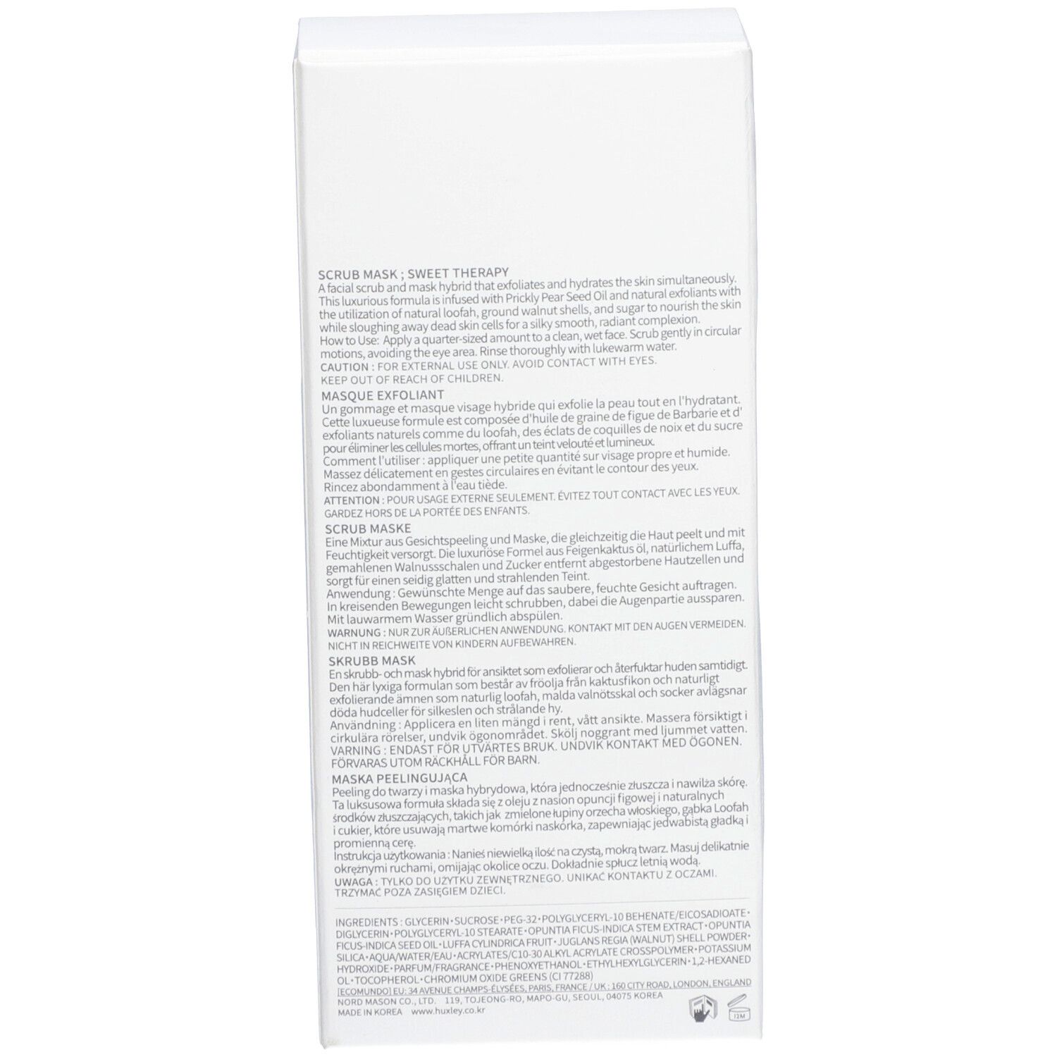 Dos de l'emballage produit avec texte. Informations produit multilingues et ingrédients.