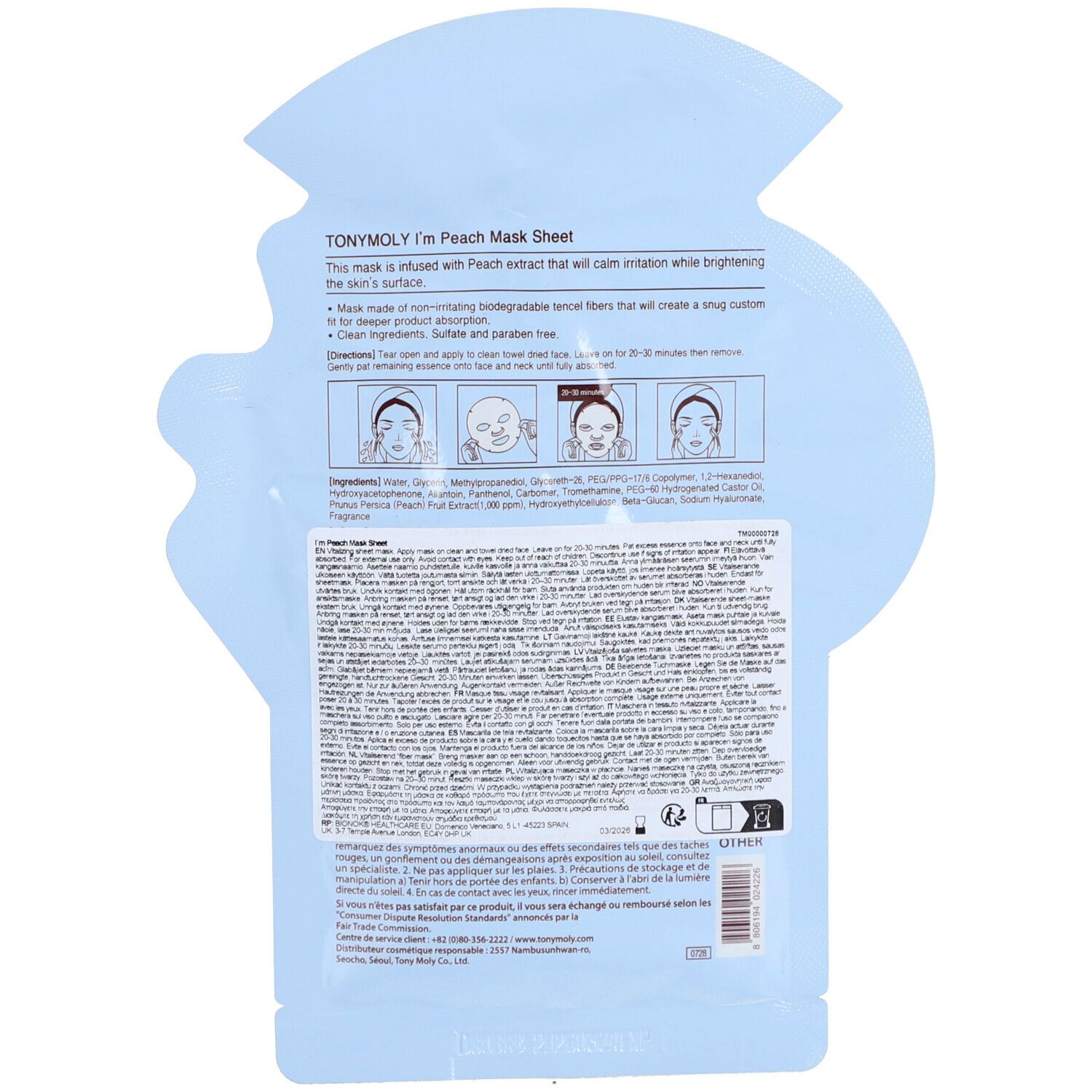 Dos de l'emballage bleu clair avec texte. Contient des informations sur les ingrédients et l'utilisation.