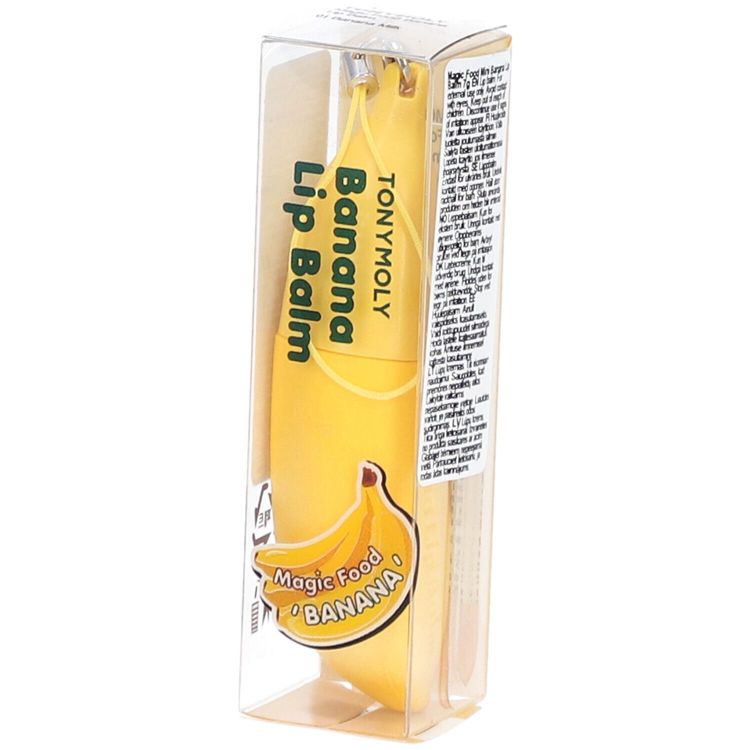 Baume à lèvres jaune en forme de banane dans un emballage transparent. Inscription : TONYMOLY Banana Lip Balm.
