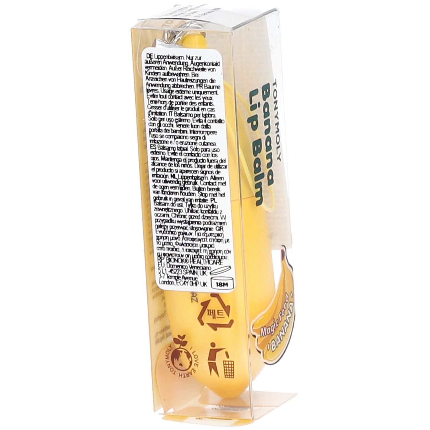 Baume à lèvres en forme de banane dans un emballage transparent. Inscription : TONYMOLY Banana Lip Balm. Texte au dos.
