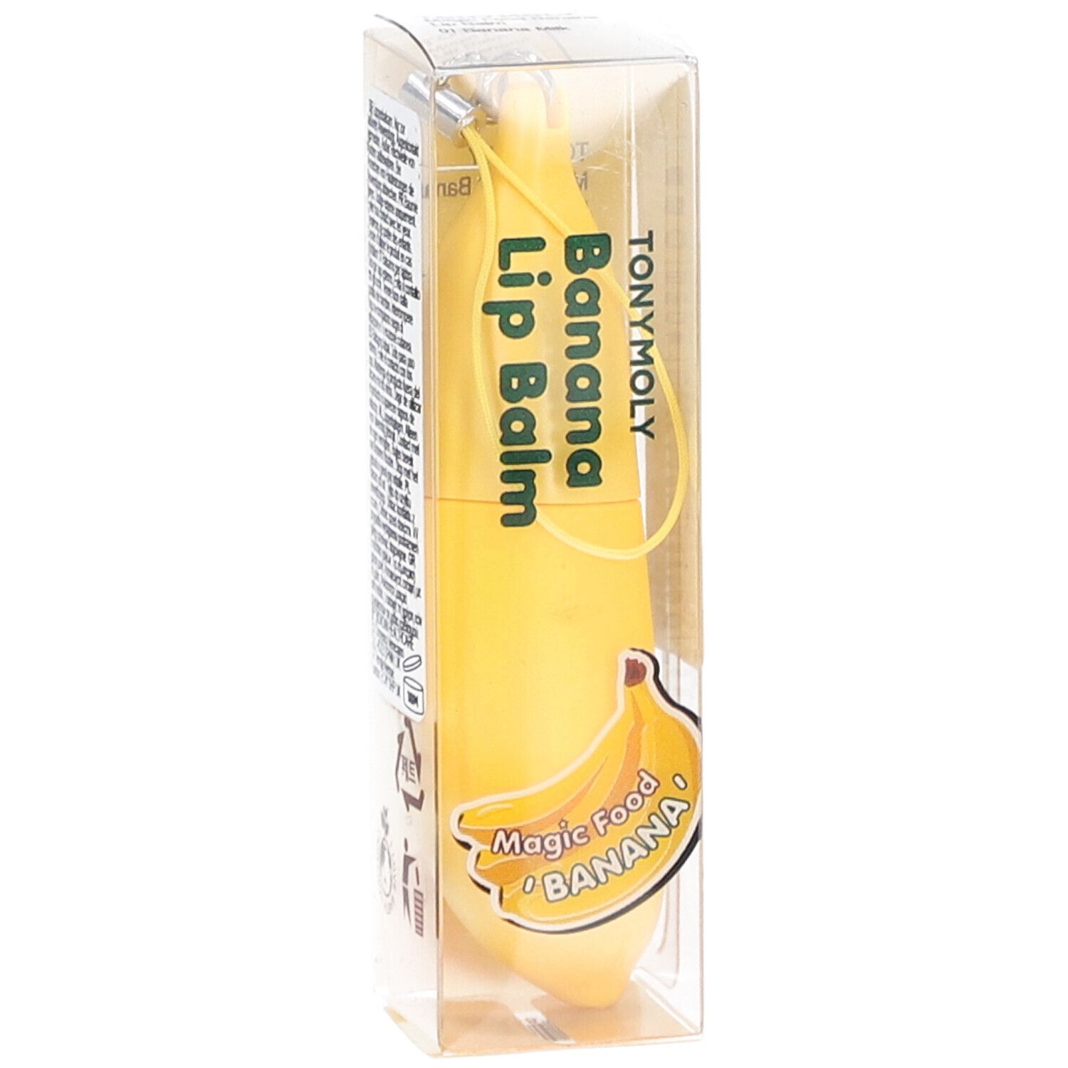 Baume à lèvres jaune en forme de banane dans un emballage transparent. Inscription : TONYMOLY Banana Lip Balm. Illustration de banane.