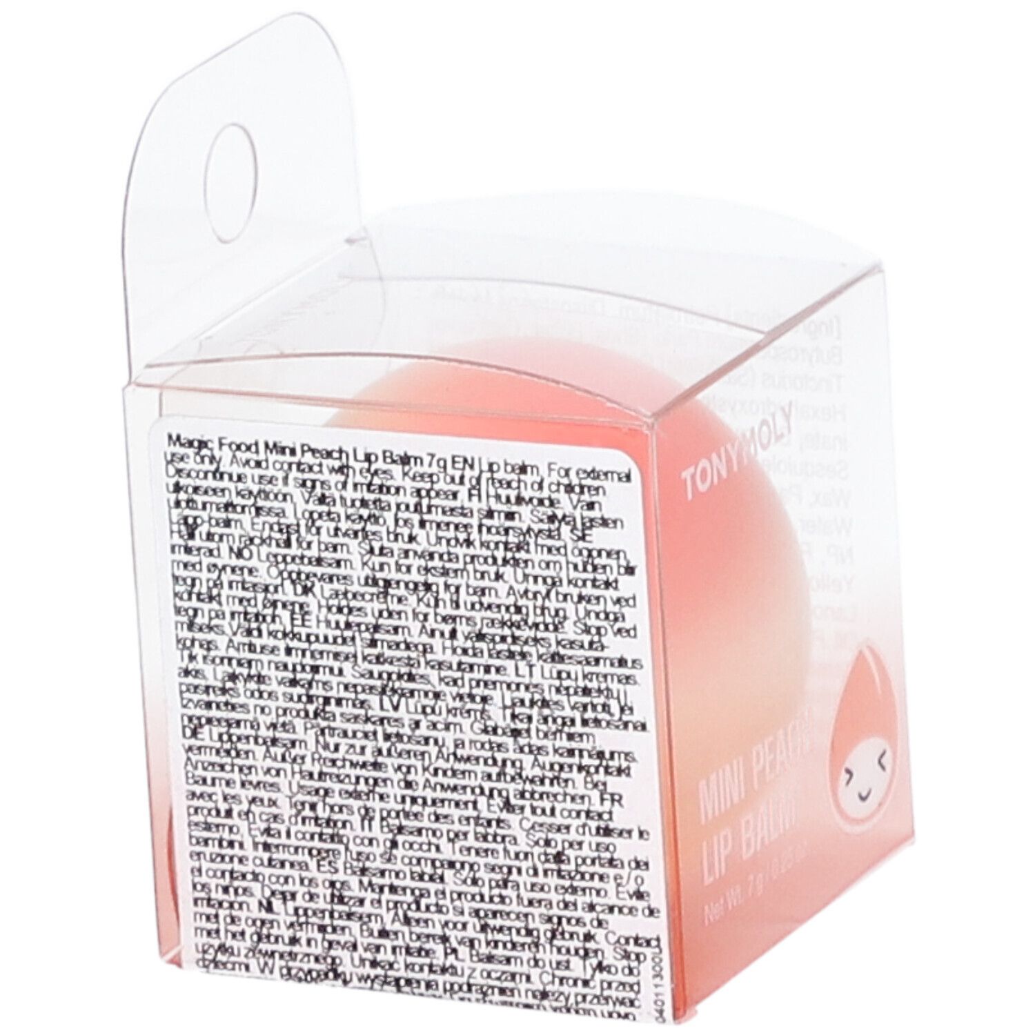 Baume à lèvres en forme de pêche dans un emballage transparent. Inscription : TONYMOLY, MINI PEACH LIP BALM. Texte sur l'emballage.