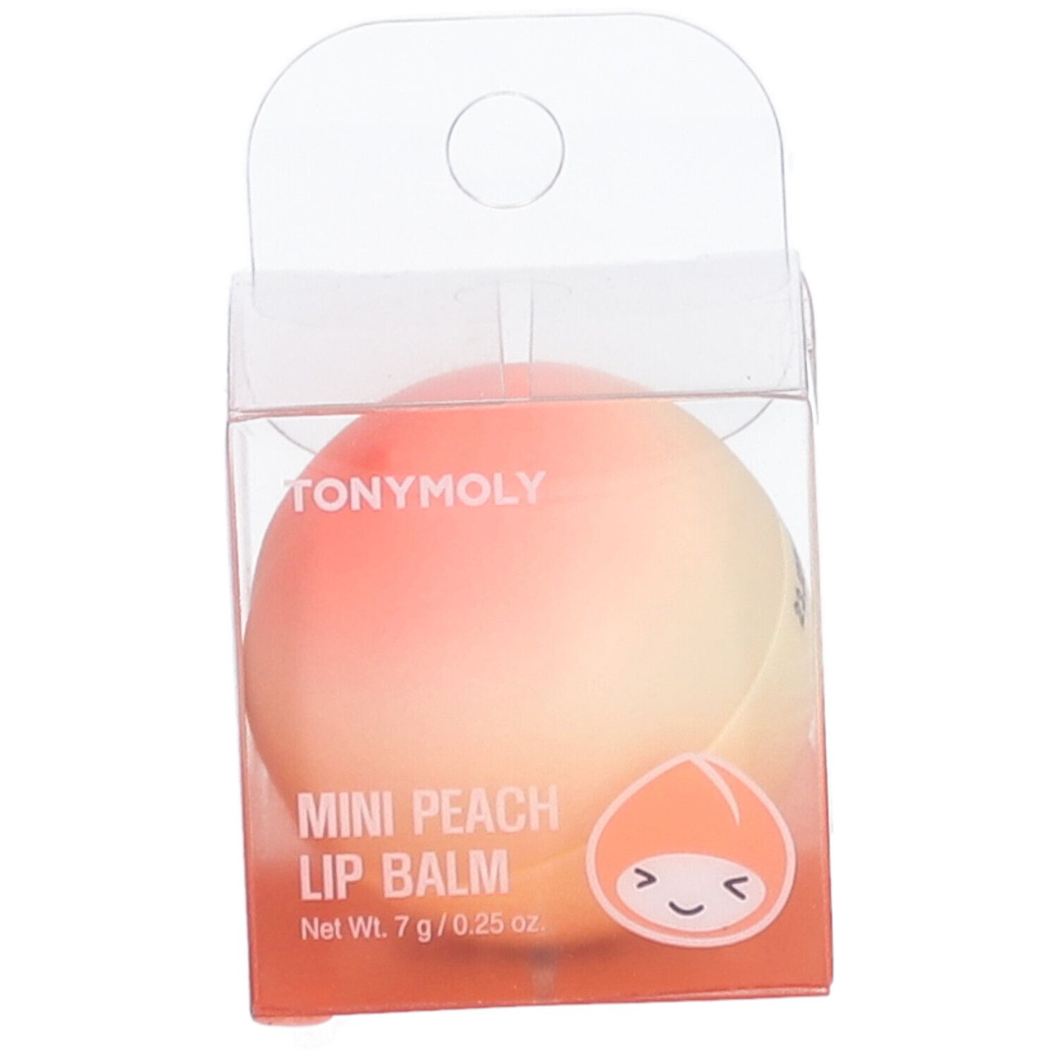 Baume à lèvres en forme de pêche dans un emballage transparent. Inscription : TONYMOLY, MINI PEACH LIP BALM. Poids net : 7 g / 0,25 oz.