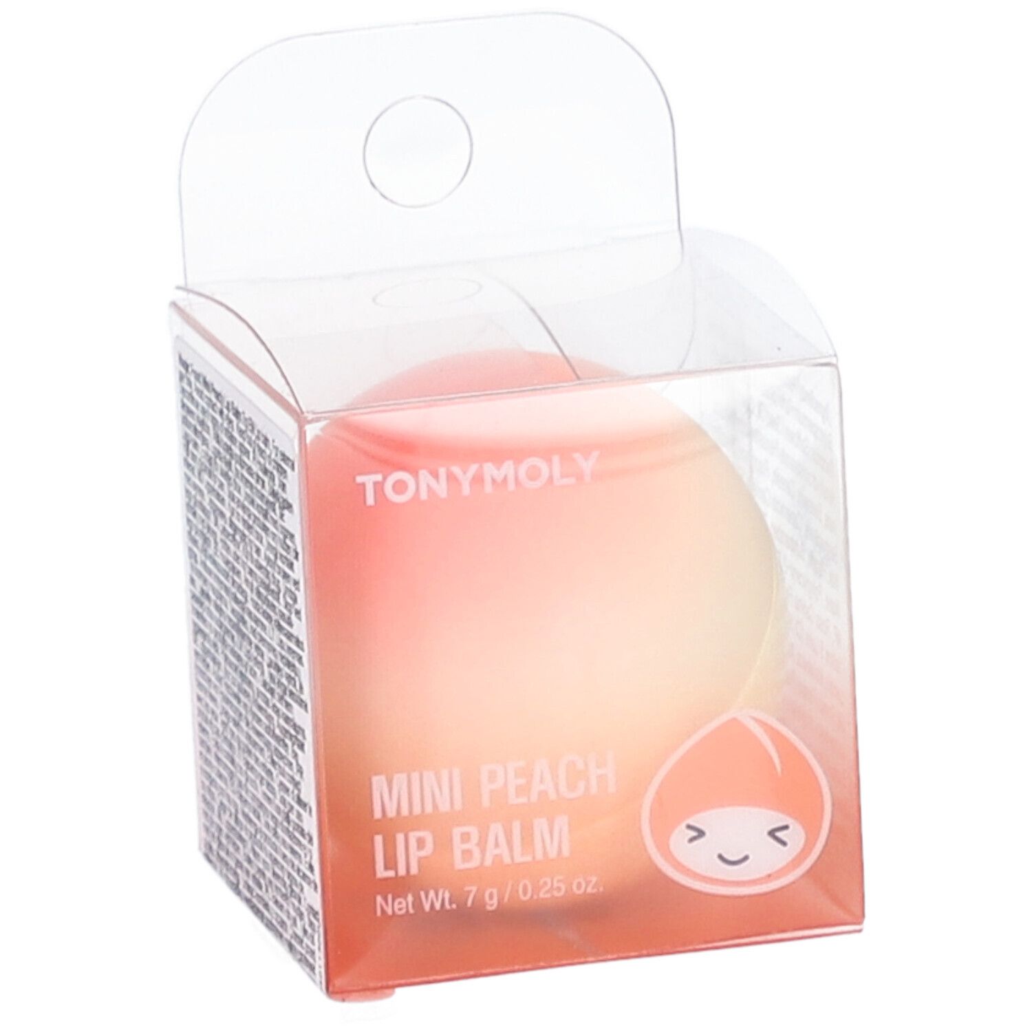 Baume à lèvres en forme de pêche dans un emballage transparent. Inscription : TONYMOLY, MINI PEACH LIP BALM. Poids net : 7 g / 0,25 oz.
