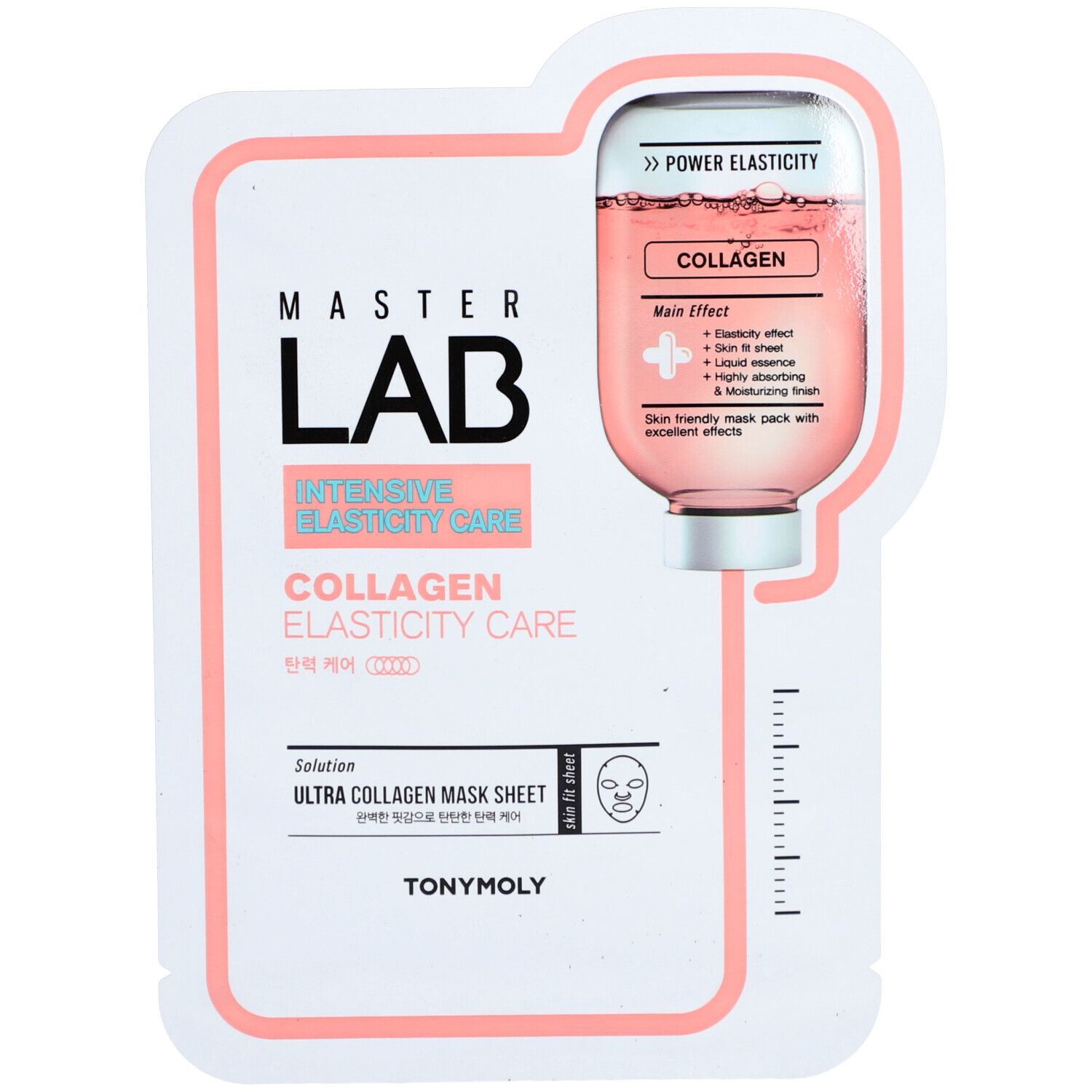 Masque facial MASTER LAB COLLAGEN. Contours roses, informations produit et illustration d'un flacon.