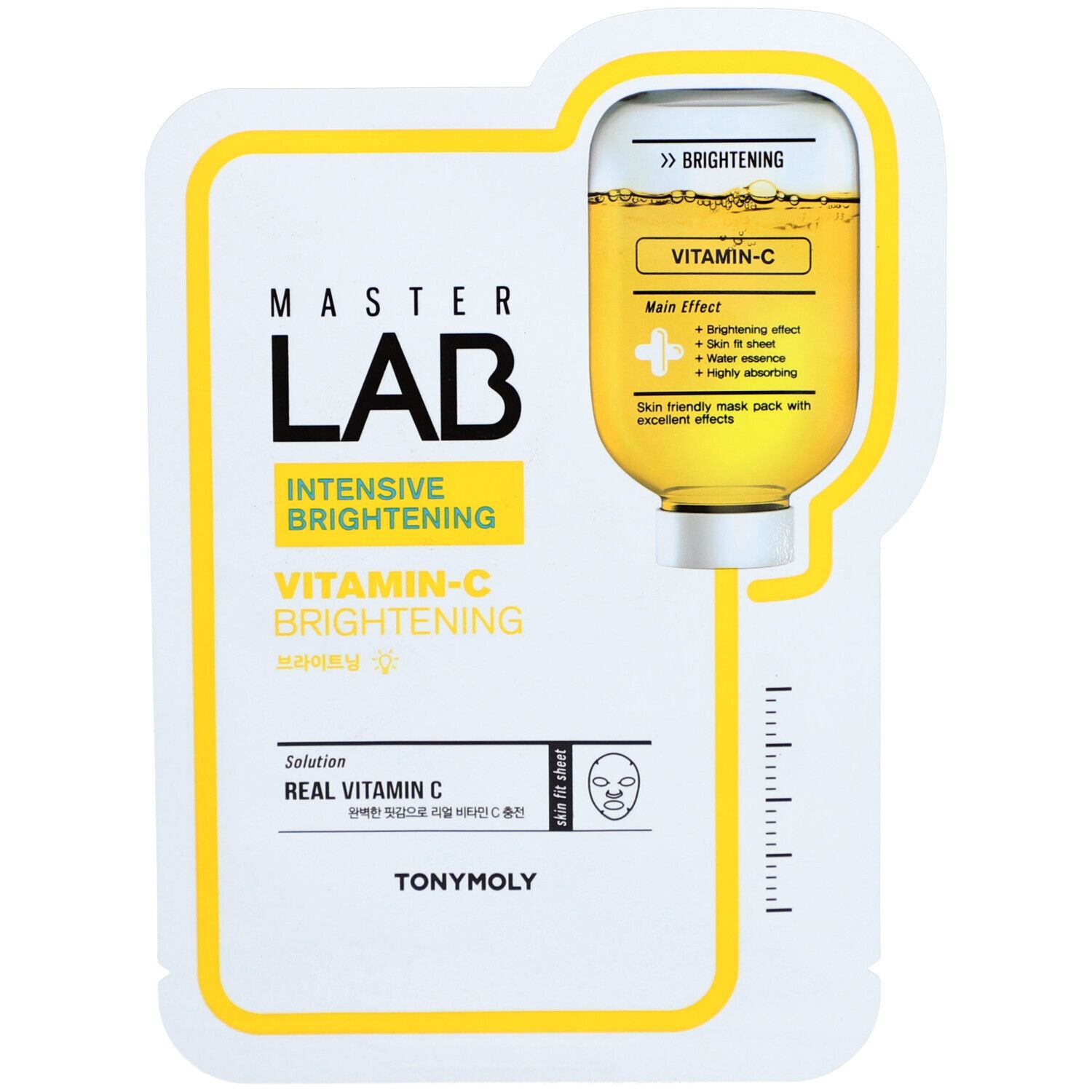 Masque facial jaune. Texte: MASTER LAB, Vitamin C, INTENSIVE BRIGHTENING. Bouteille de liquide.