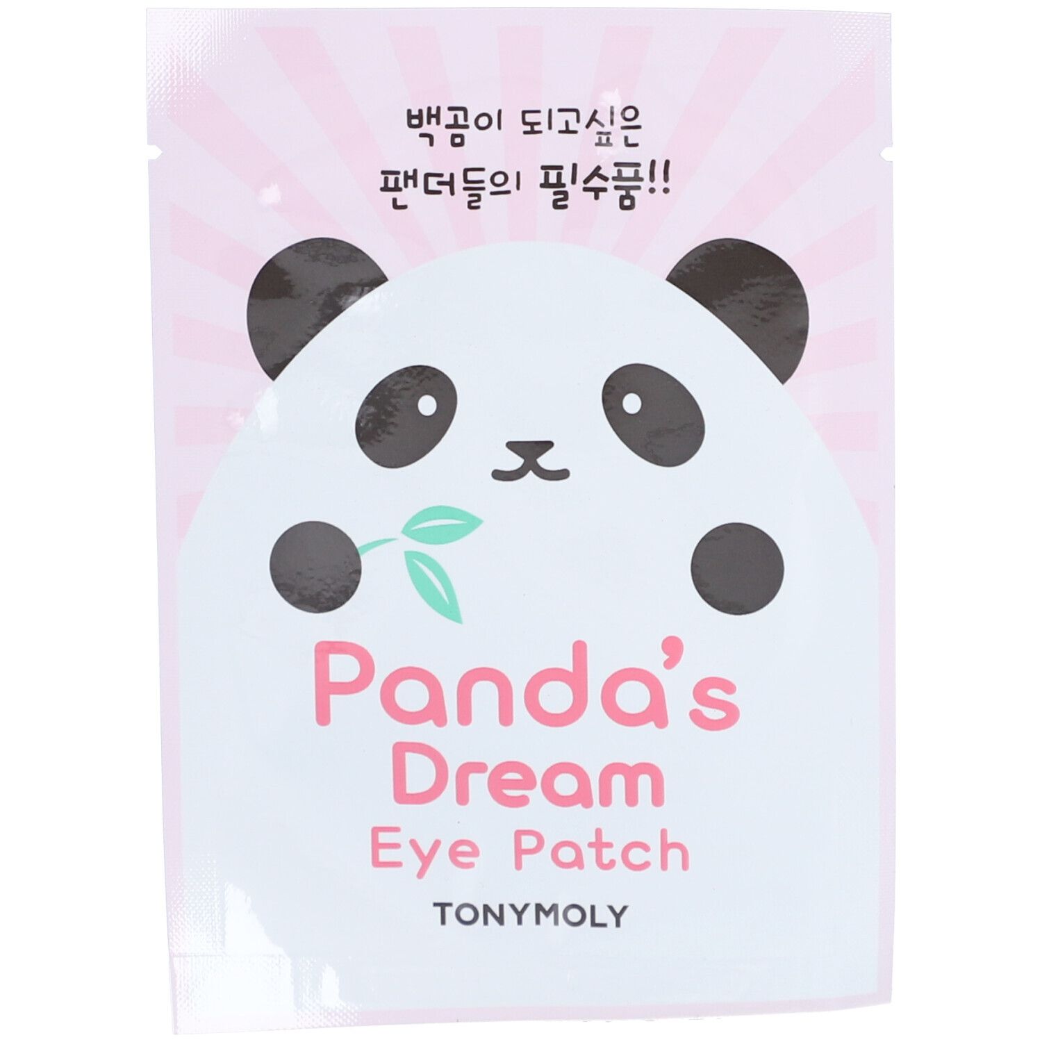 Emballage rose avec visage de panda. Texte: Panda's Dream Eye Patch, TONYMOLY. Texte coréen.