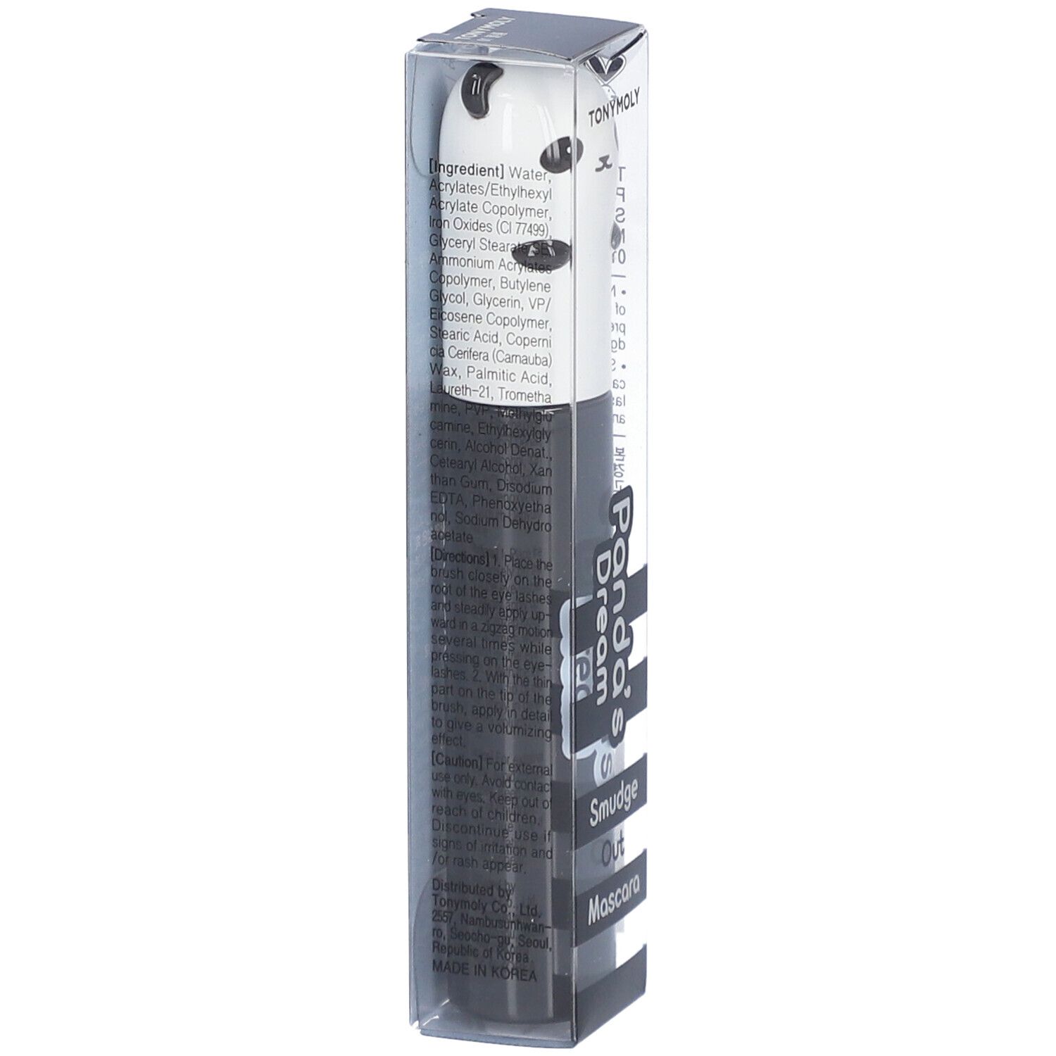 Dos de l'emballage du mascara. Texte avec ingrédients et informations. Emballage transparent.