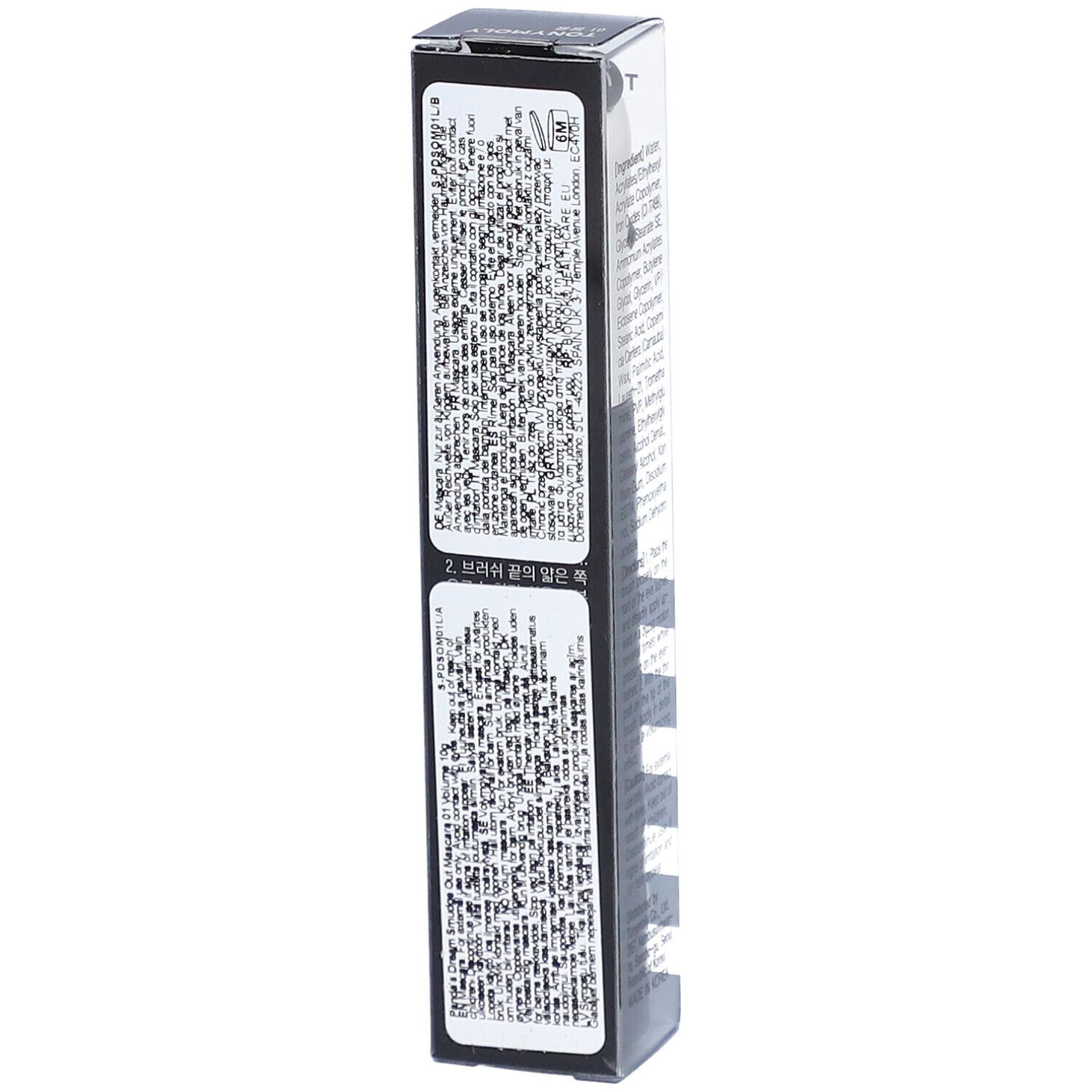 Côté de l'emballage du mascara. Texte en petits caractères. Emballage transparent.