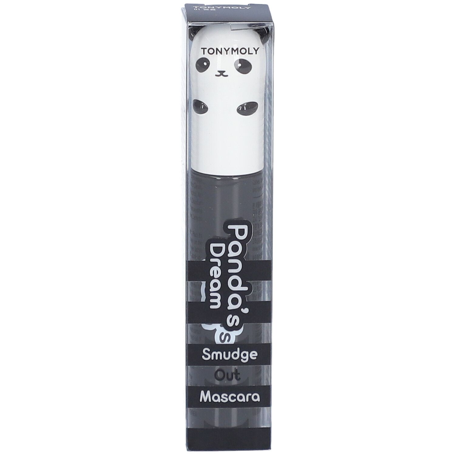 Mascara dans un emballage. Design noir et blanc avec un visage de panda. Inscription : Panda's Dream Smudge Out Mascara.
