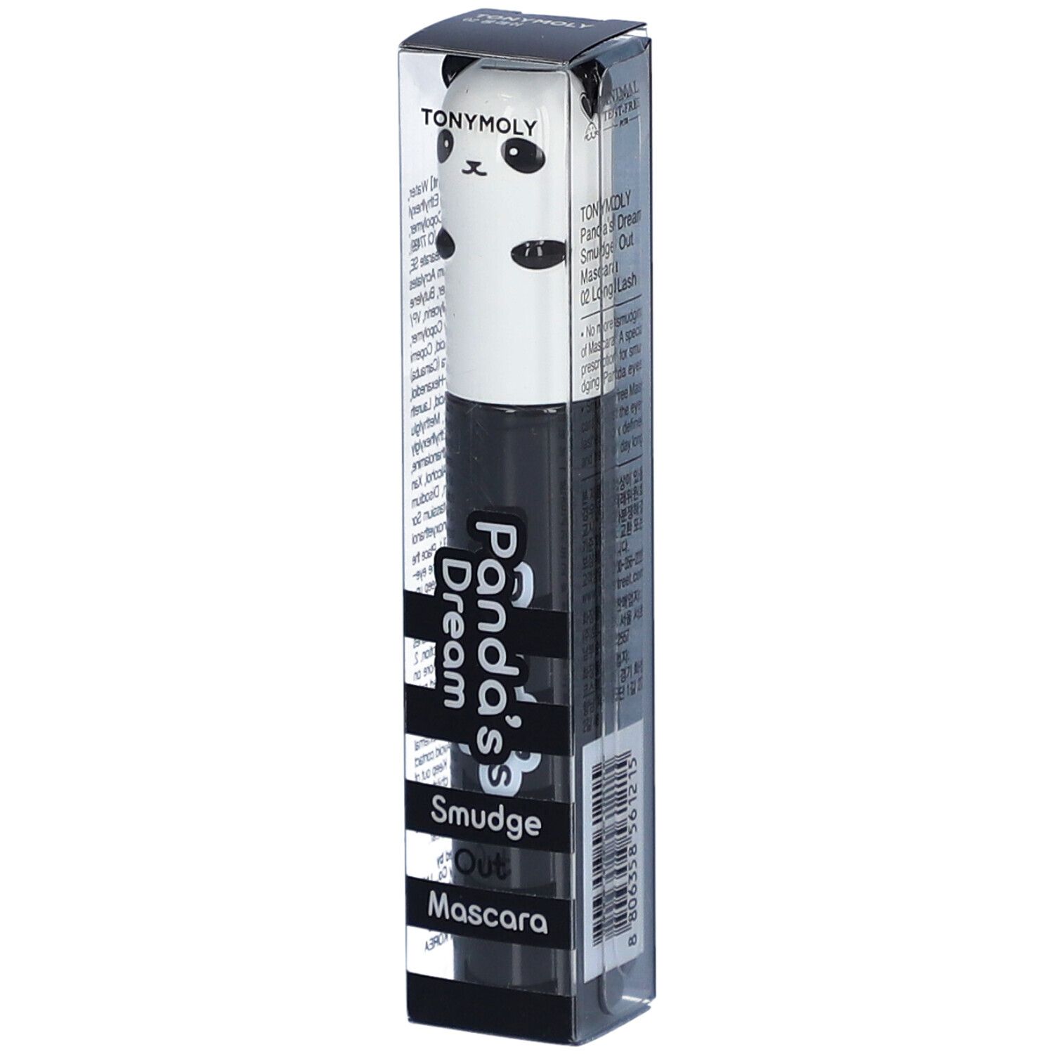 Mascara dans son emballage. Tube noir avec motif panda. Inscription : Panda's Dream Smudge Out Mascara. Emballage transparent.
