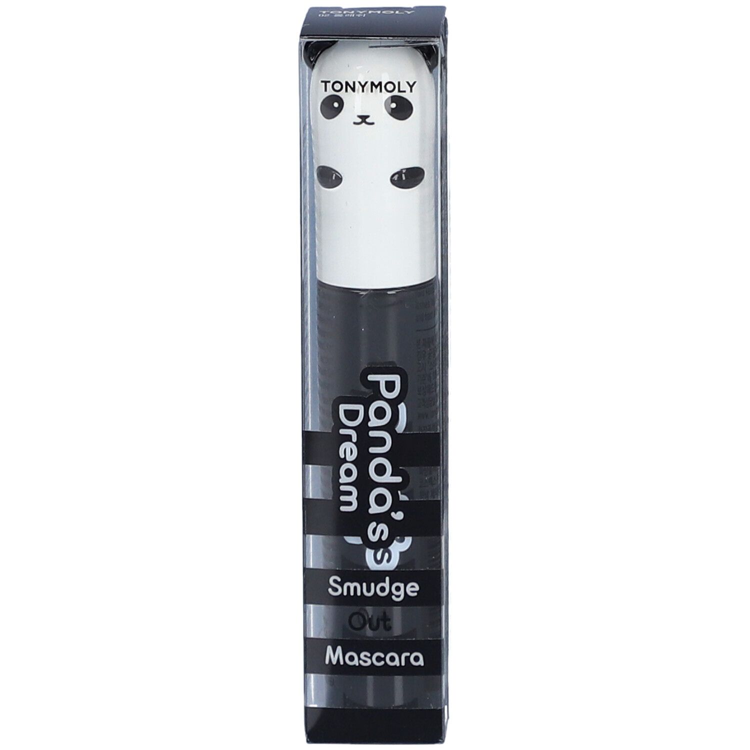 Mascara dans son emballage. Tube noir avec motif panda. Inscription : Panda's Dream Smudge Out Mascara. Emballage transparent.