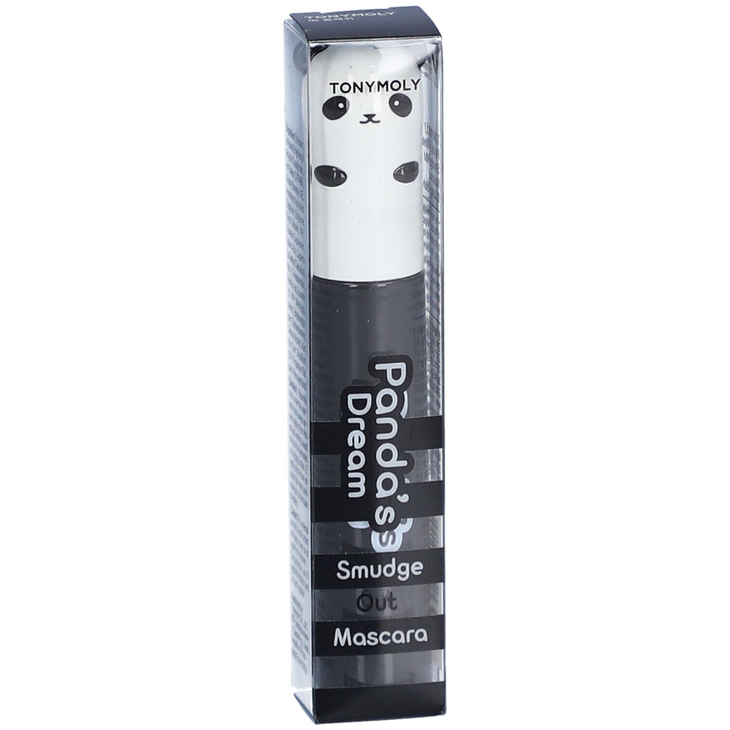 Mascara dans son emballage. Tube noir avec motif panda. Inscription : Panda's Dream Smudge Out Mascara. Emballage transparent.